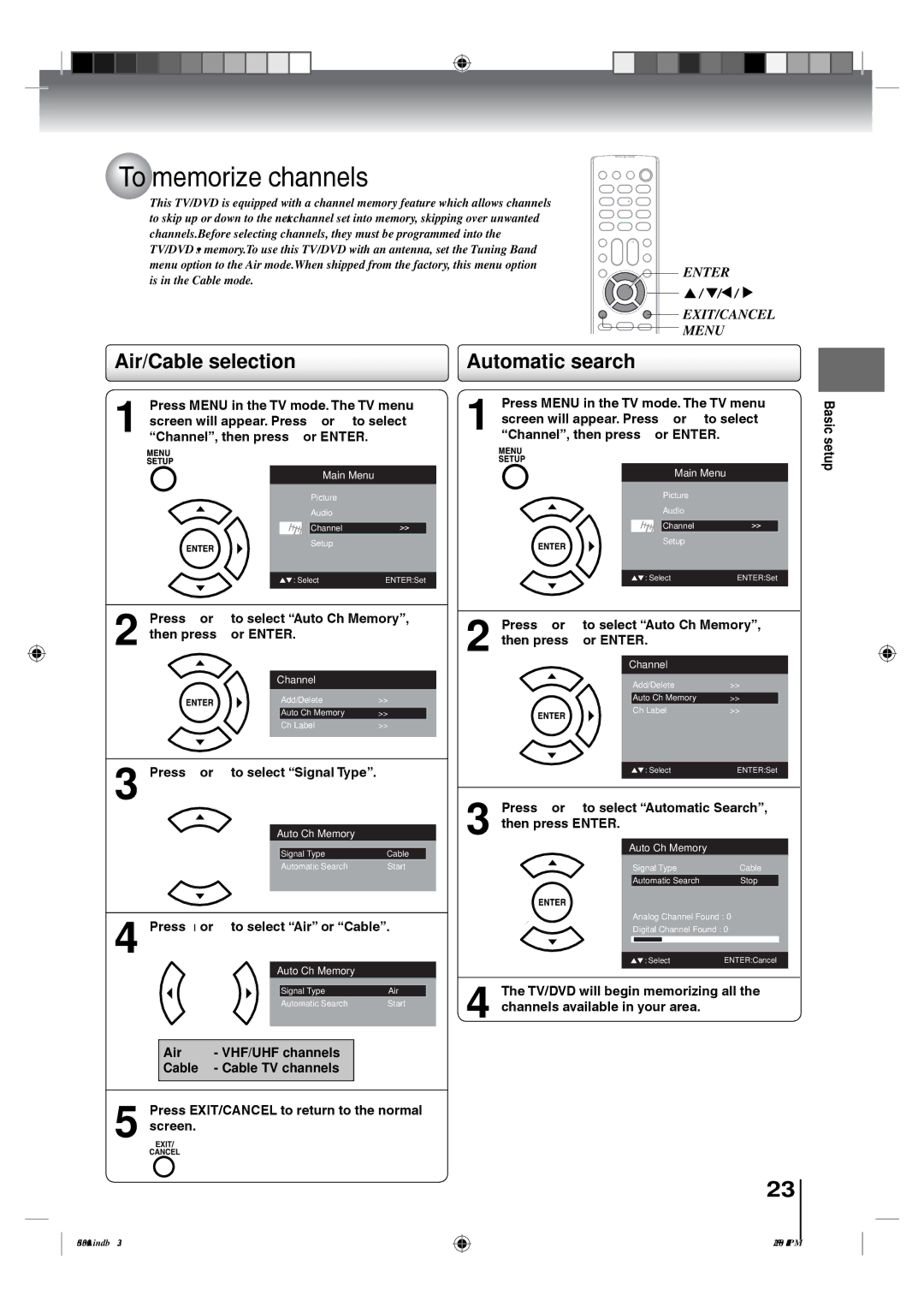 Toshiba 19LV505C, 22LV505C owner manual To memorize channels, Air/Cable selection, Automatic search 