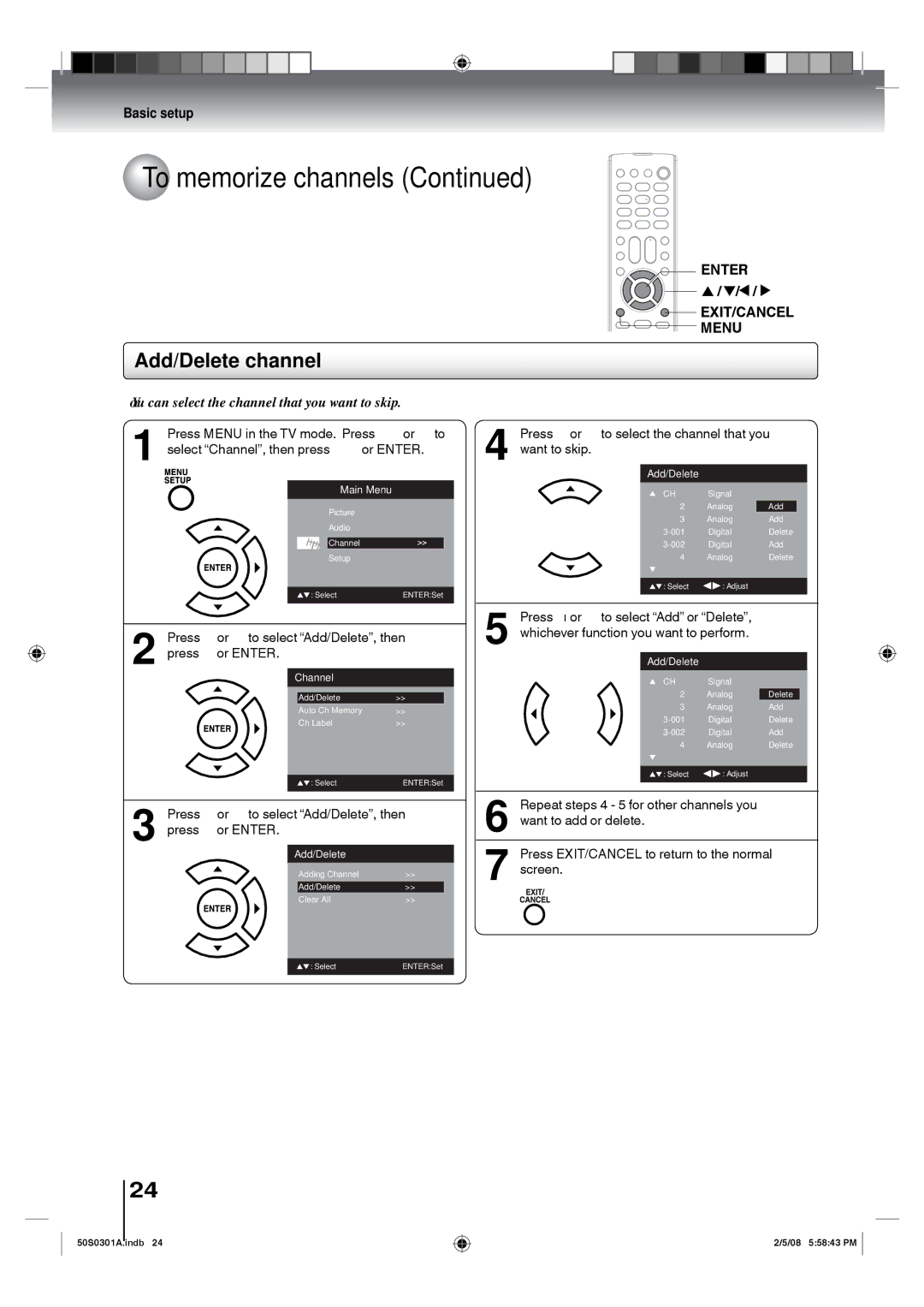 Toshiba 22LV505C, 19LV505C owner manual Add/Delete channel, Select Channel, then press or Enter 