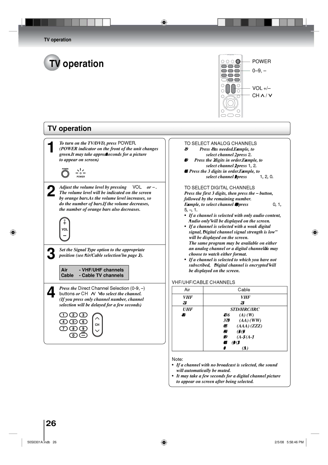 Toshiba 22LV505C, 19LV505C owner manual TV operation 