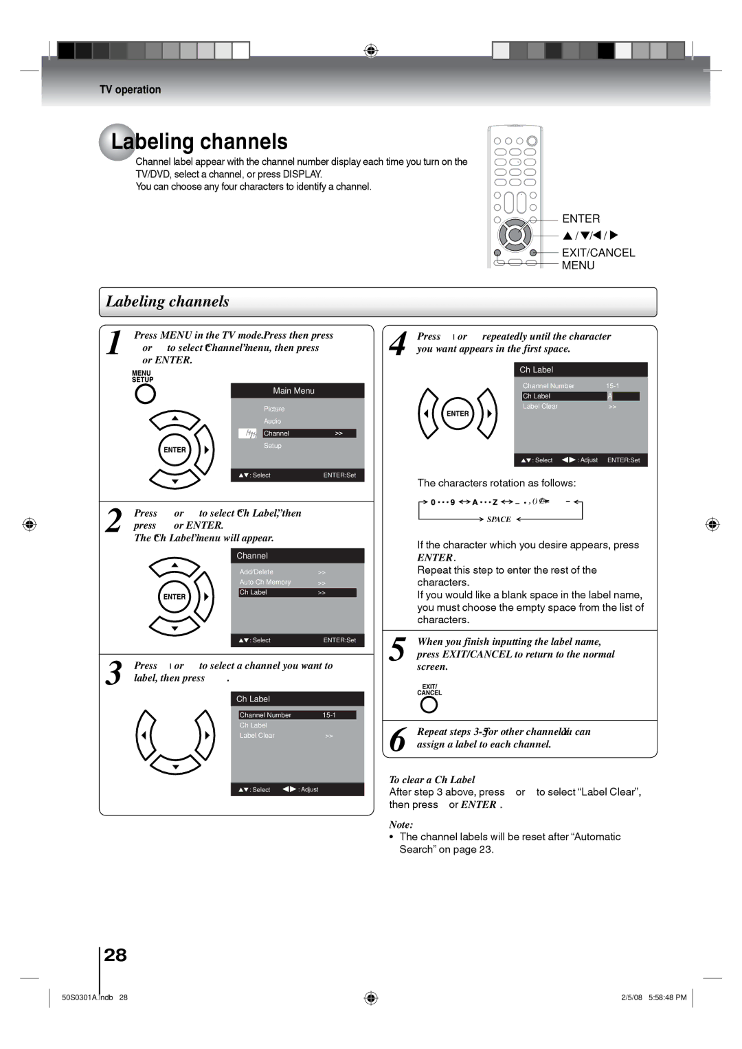 Toshiba 22LV505C, 19LV505C Labeling channels, Press or to select Ch Label, then, Press or Enter Ch Label menu will appear 