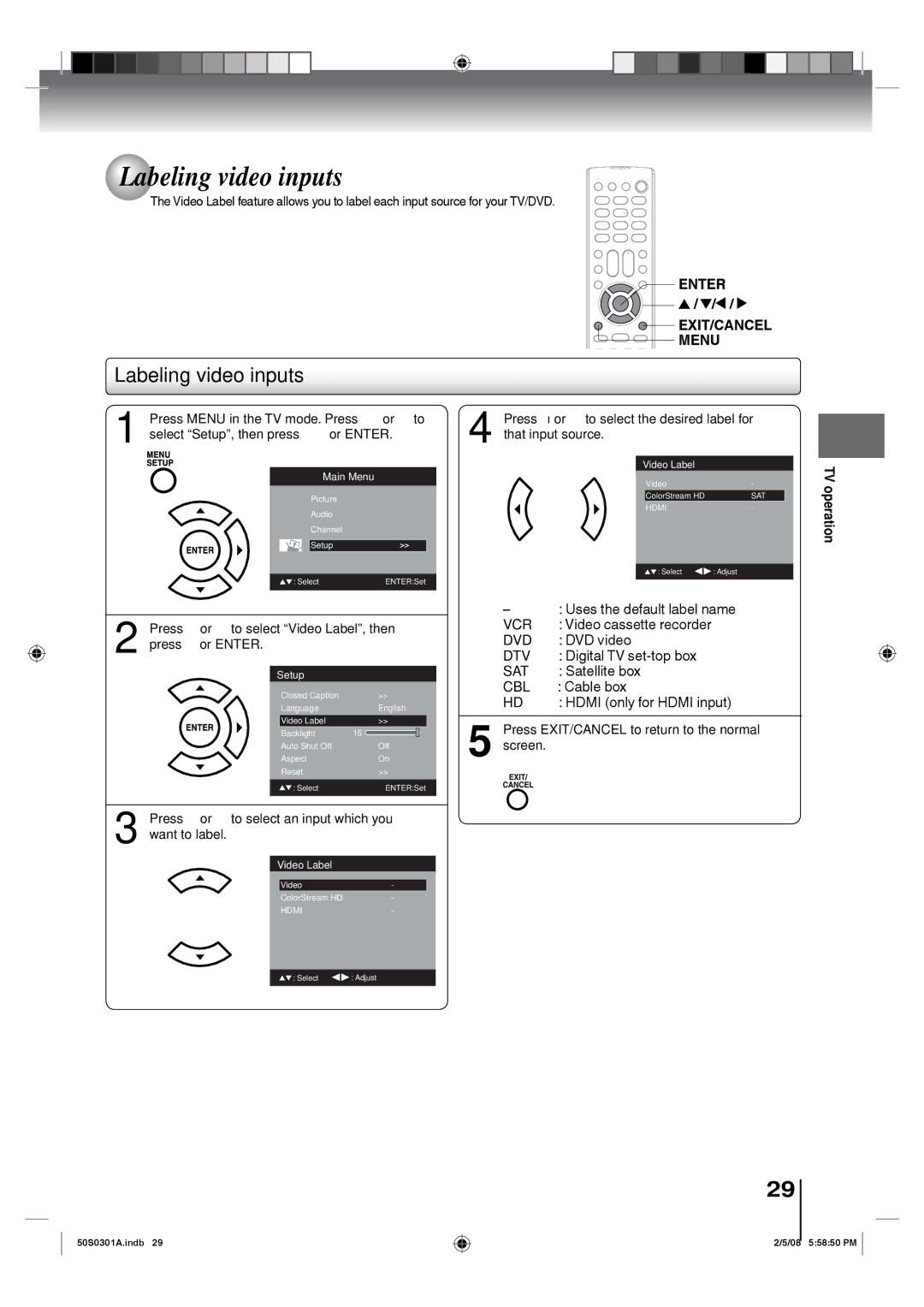 Toshiba 19LV505C, 22LV505C owner manual Labeling video inputs, Select Setup, then press or Enter 