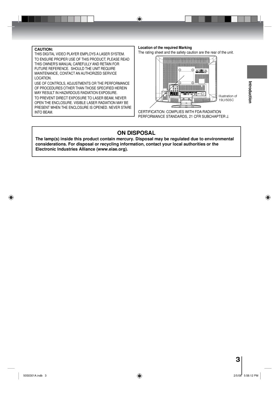 Toshiba 19LV505C, 22LV505C owner manual Location of the required Marking, Introduction 