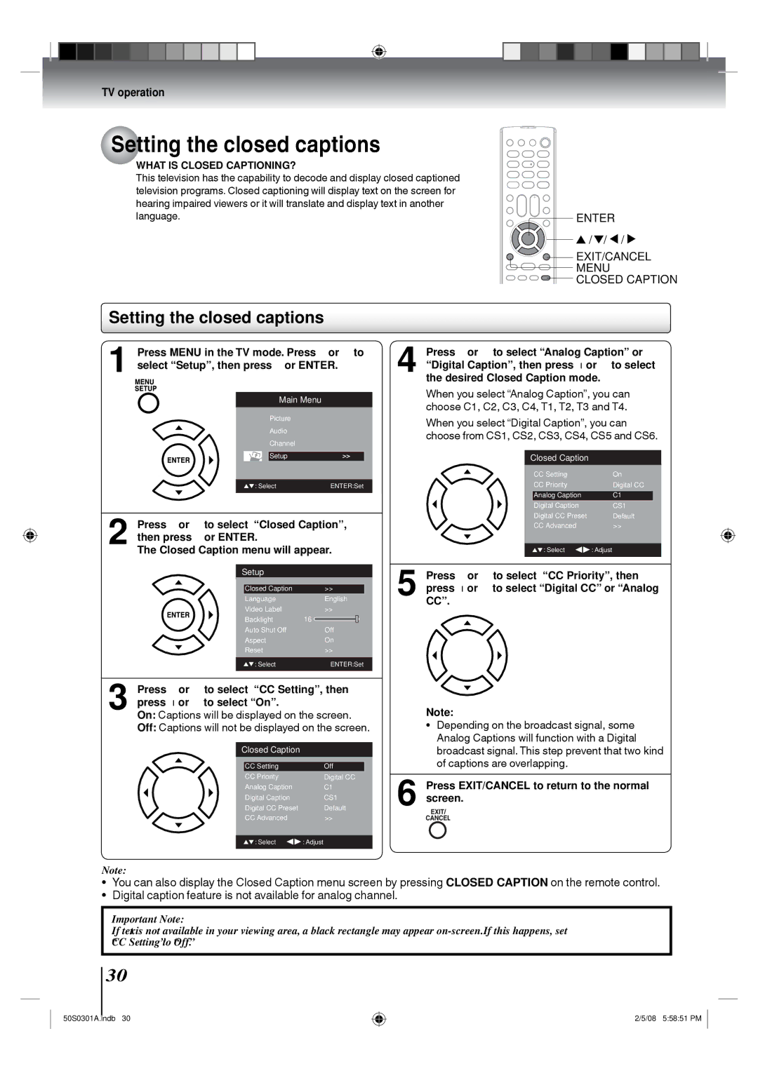 Toshiba 22LV505C, 19LV505C Setting the closed captions, Press or to select CC Setting, then press or to select On 