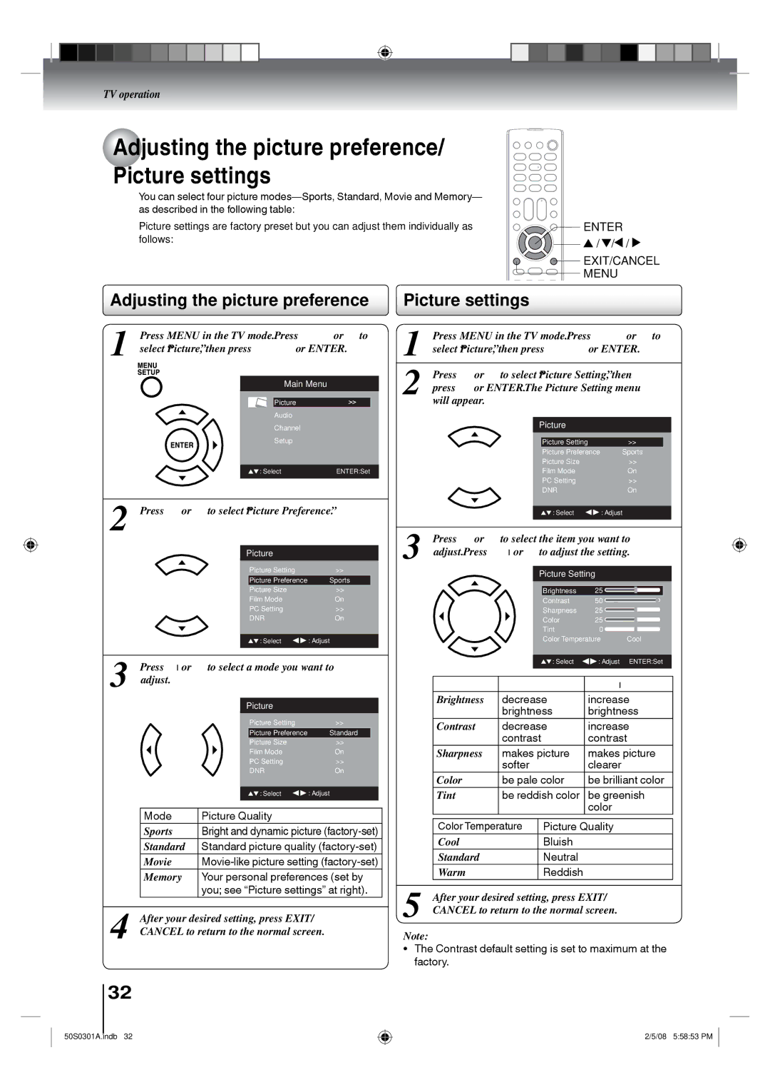 Toshiba 22LV505C, 19LV505C owner manual Adjusting the picture preference/ Picture settings 