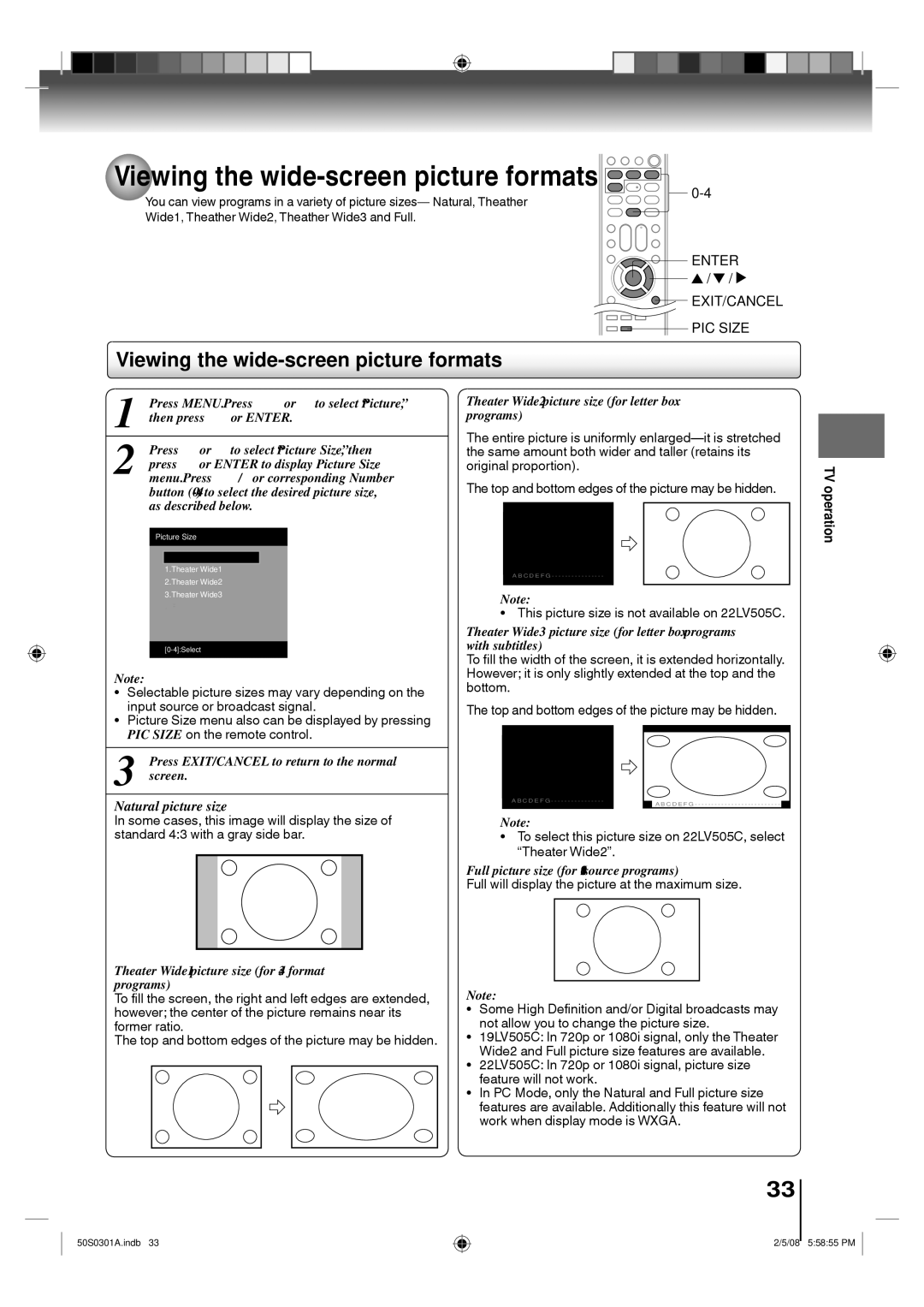 Toshiba 19LV505C, 22LV505C Viewing the wide-screen picture formats, Theater Wide1 picture size for 43 format programs 