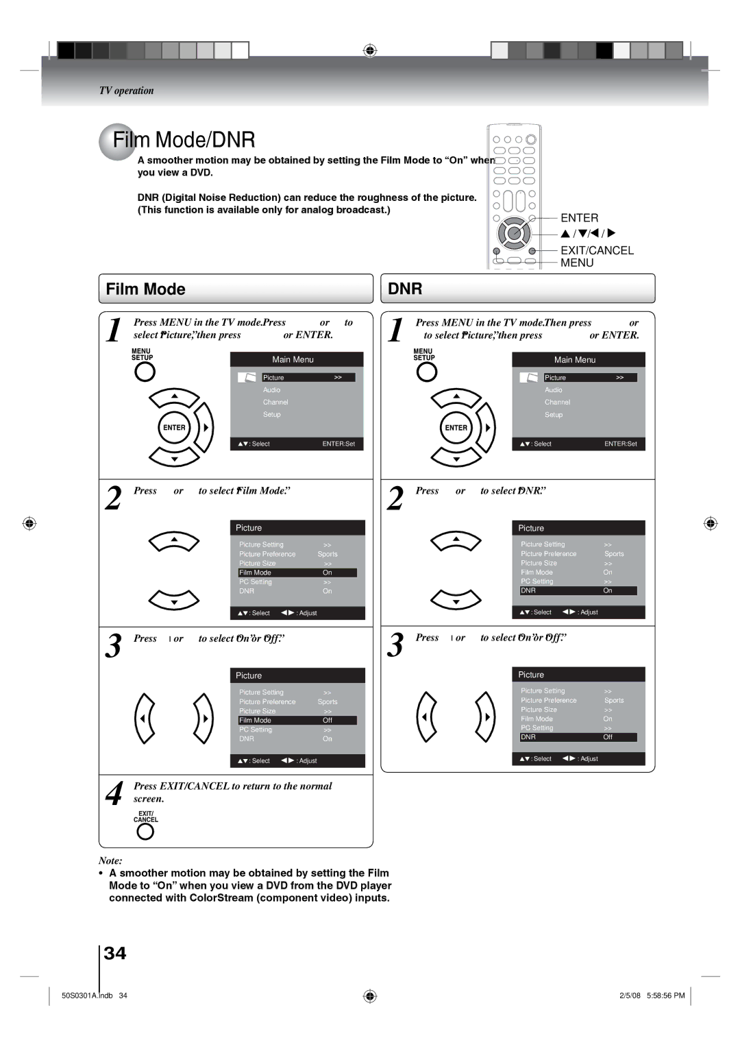 Toshiba 22LV505C Film Mode/DNR, Press or to select Film Mode, Press or to select On or Off, Press or to select DNR 