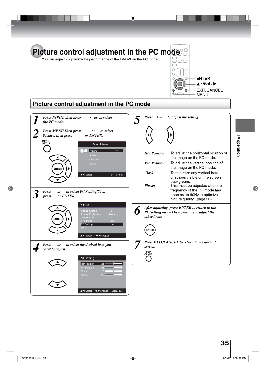 Toshiba 19LV505C, 22LV505C owner manual Picture control adjustment in the PC mode, Press INPUT, then press / or 4 to select 