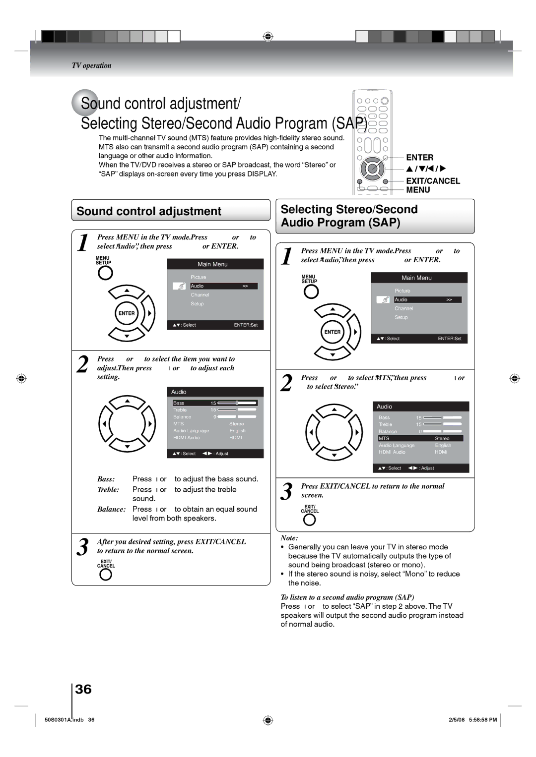 Toshiba 22LV505C Sound control adjustment, Selecting Stereo/Second Audio Program SAP, Select Audio , then press or Enter 