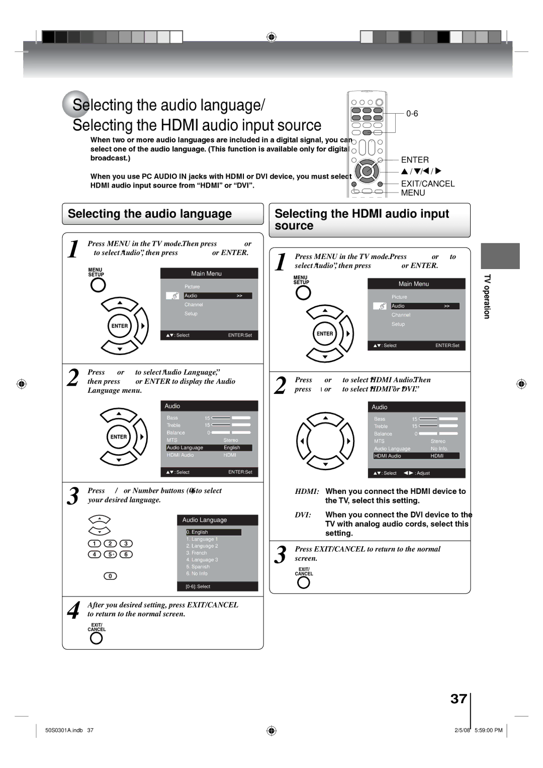 Toshiba 19LV505C, 22LV505C owner manual Selecting the audio language, Selecting the Hdmi audio input source 