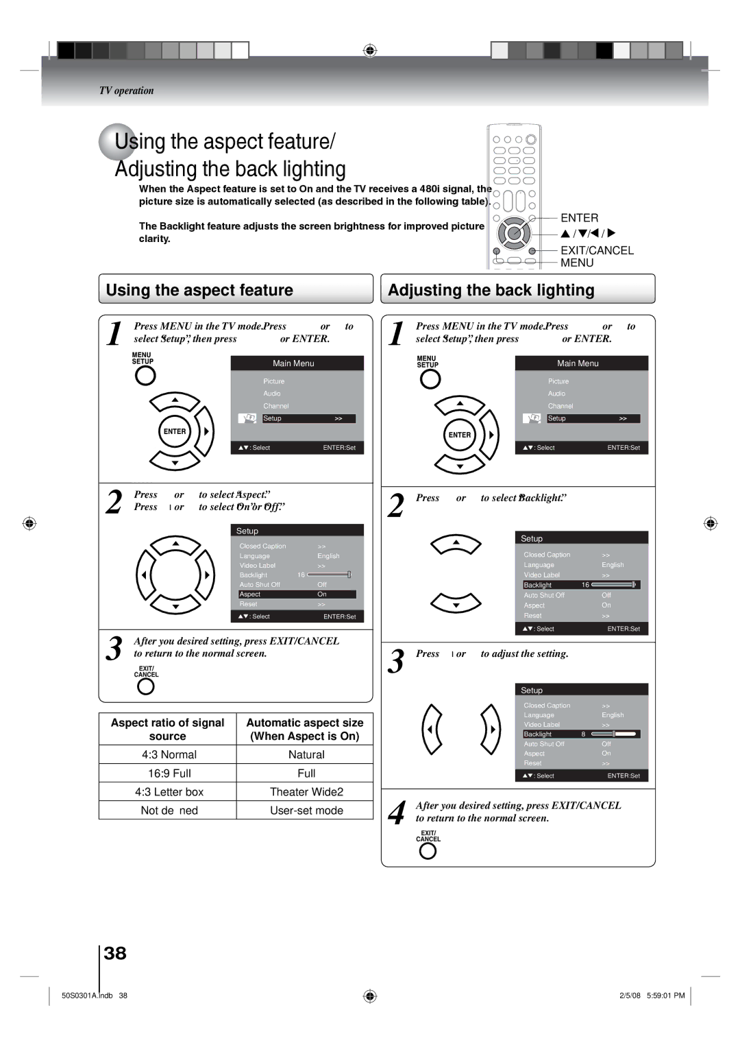 Toshiba 22LV505C, 19LV505C Using the aspect feature Adjusting the back lighting, Select Setup , then press or Enter 