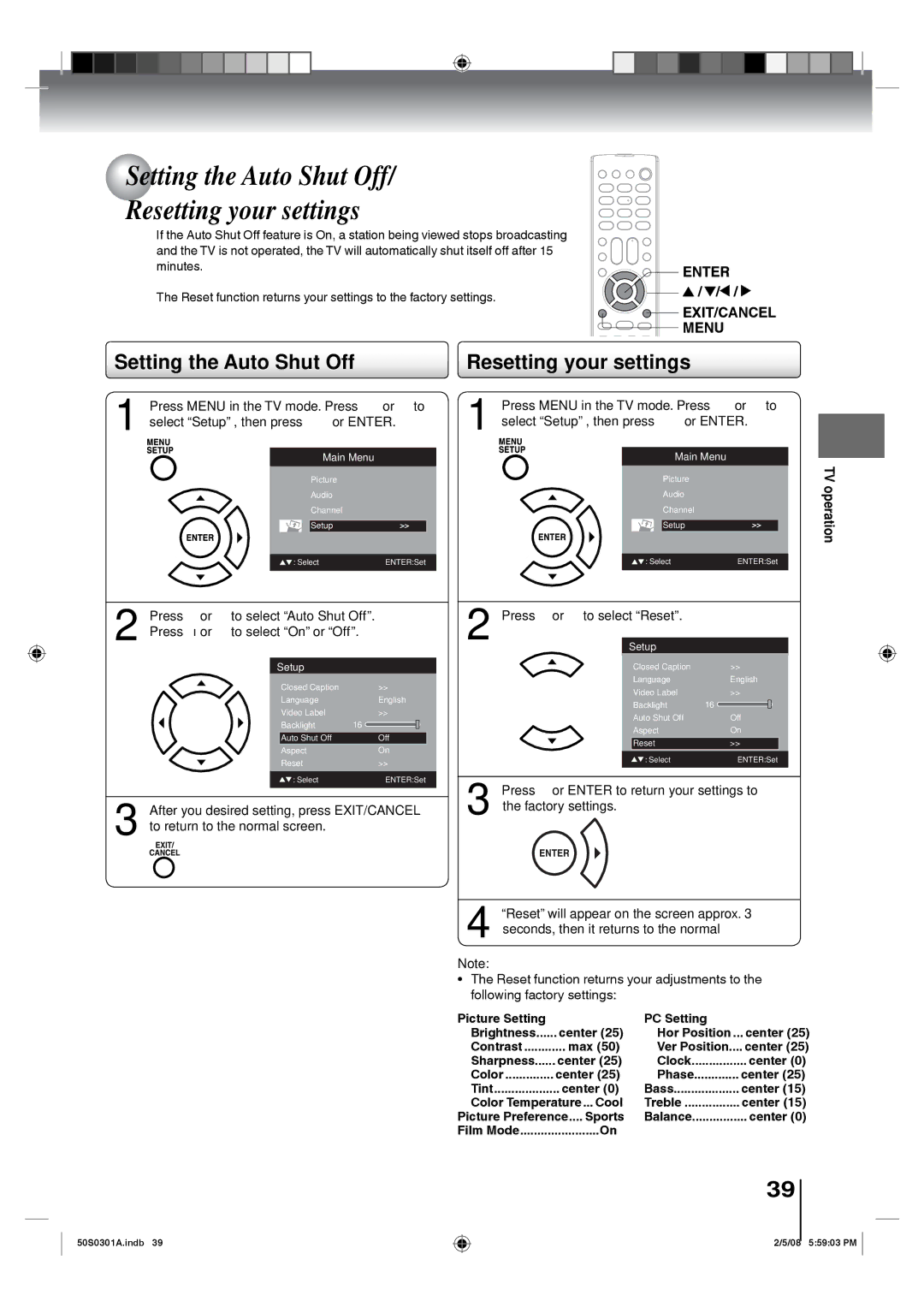 Toshiba 19LV505C, 22LV505C owner manual Setting the Auto Shut Off Resetting your settings, Press or to select Reset 