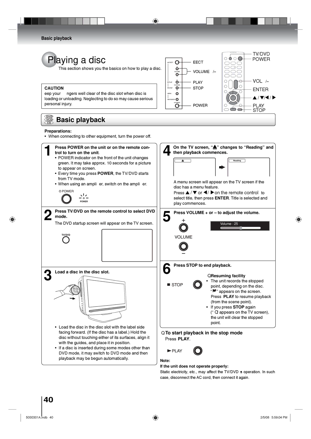 Toshiba 22LV505C, 19LV505C owner manual Playing a disc, Vcdcd Basic playback 