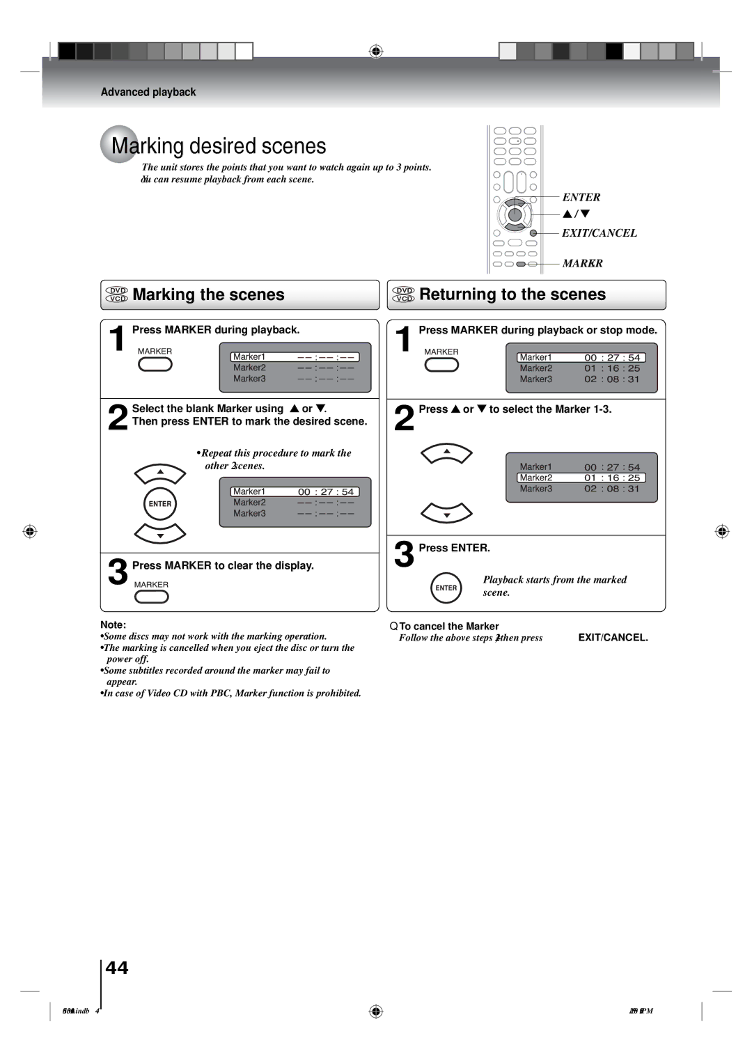 Toshiba 22LV505C Marking desired scenes, Dvdvcd Marking the scenes, Dvdvcd Returning to the scenes, To cancel the Marker 