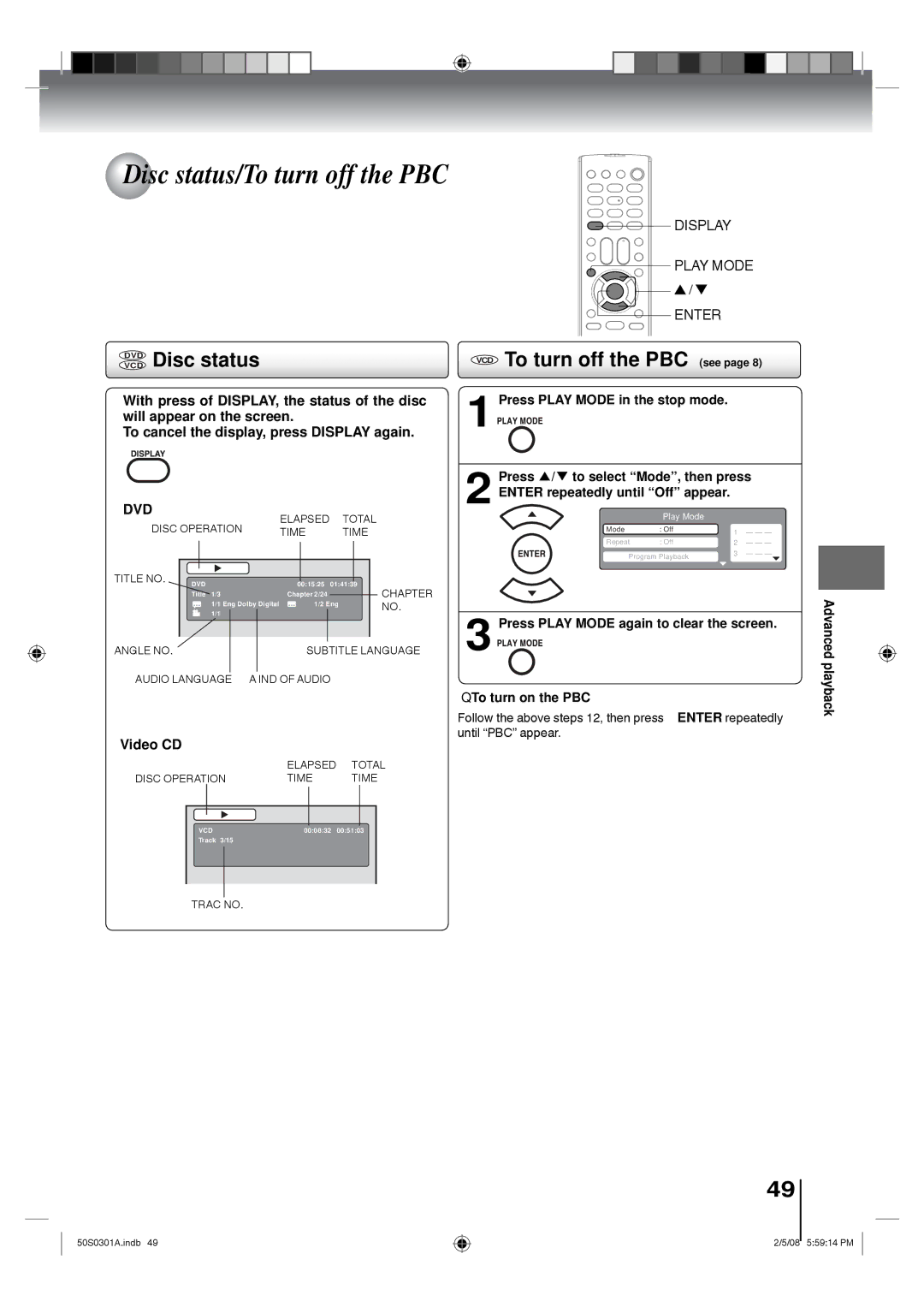 Toshiba 19LV505C, 22LV505C owner manual Disc status/To turn off the PBC, Dvdvcd Disc status, VCD To turn off the PBC see 