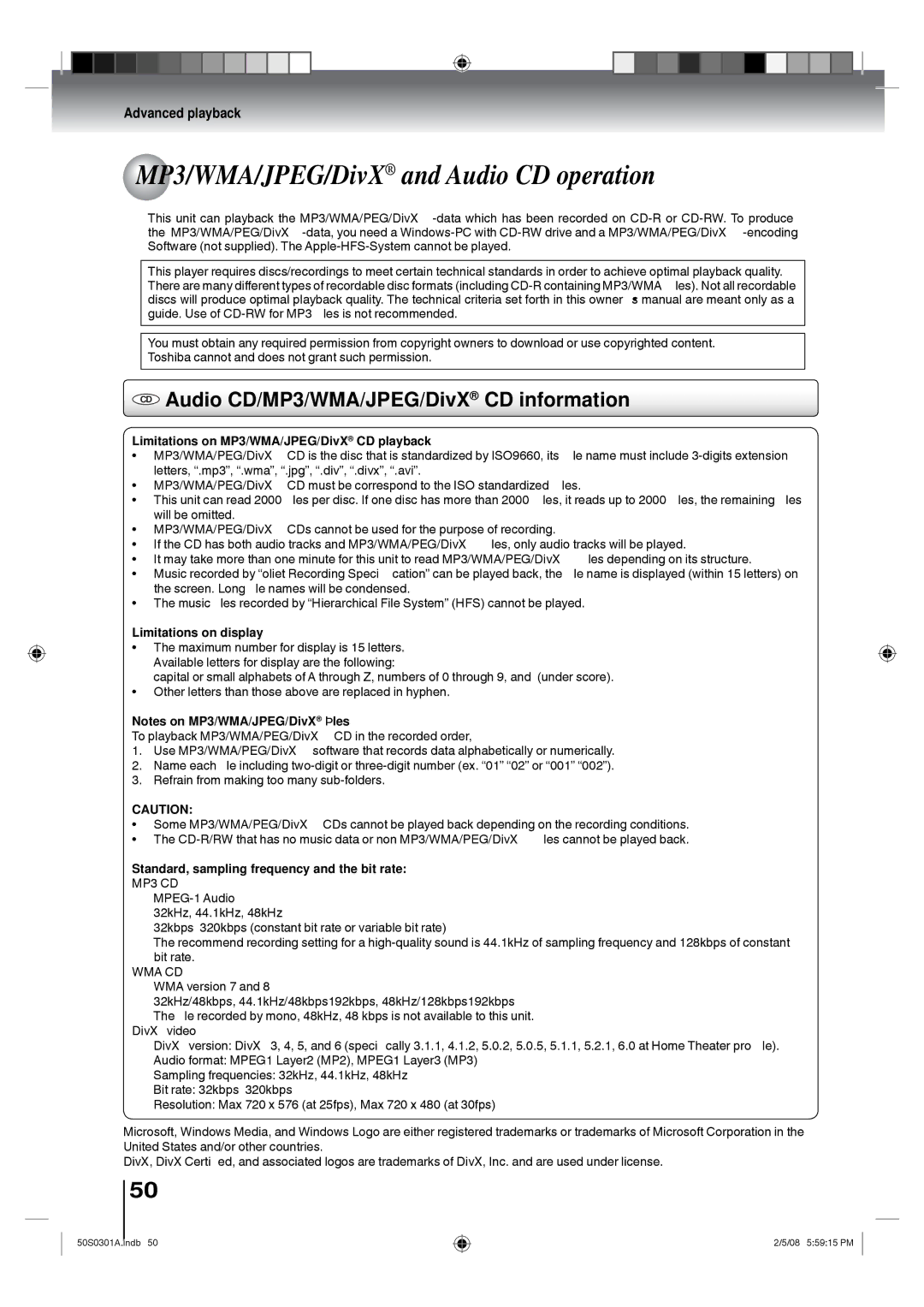 Toshiba 22LV505C, 19LV505C MP3/WMA/JPEG/DivX and Audio CD operation, CD Audio CD/MP3/WMA/JPEG/DivX CD information 