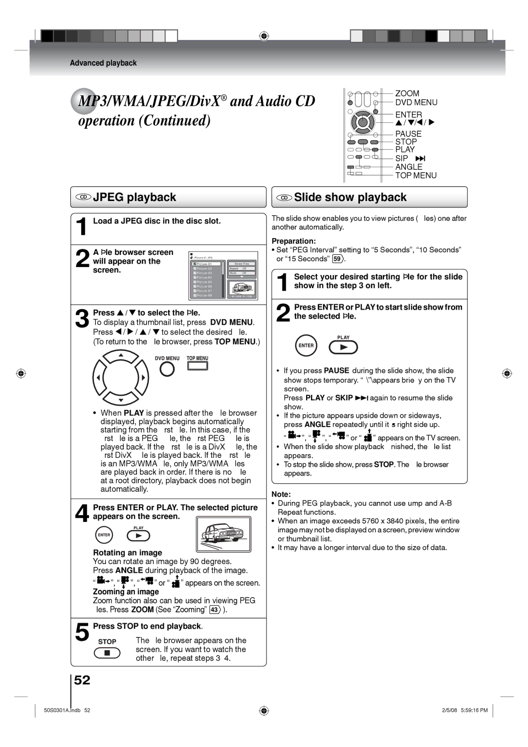 Toshiba 22LV505C, 19LV505C MP3/WMA/JPEG/DivX and Audio CD, Operation, CD Jpeg playback CD Slide show playback, Preparation 