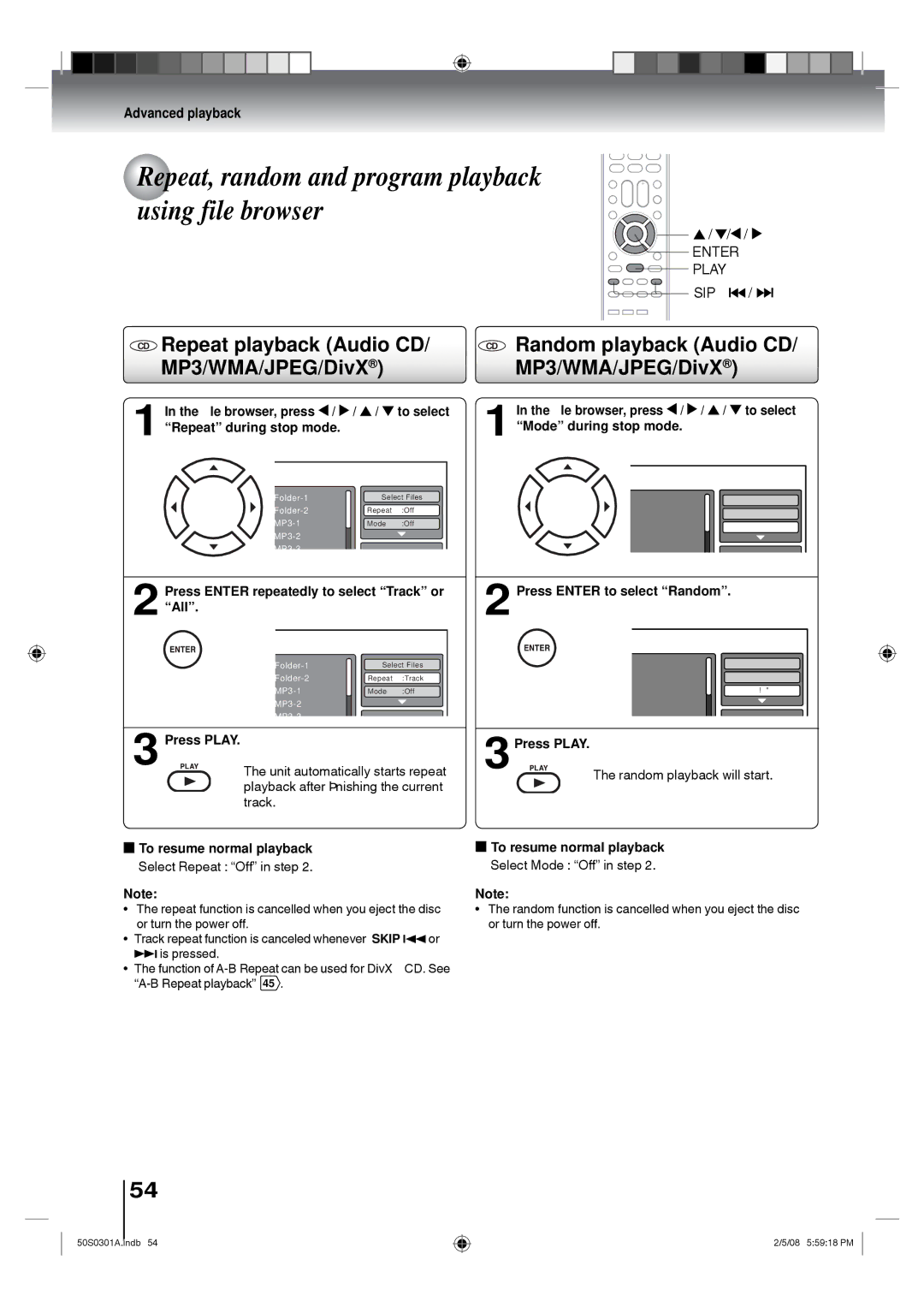 Toshiba 22LV505C Repeat, random and program playback using file browser, CD Repeat playback Audio CD/ MP3/WMA/JPEG/DivX 