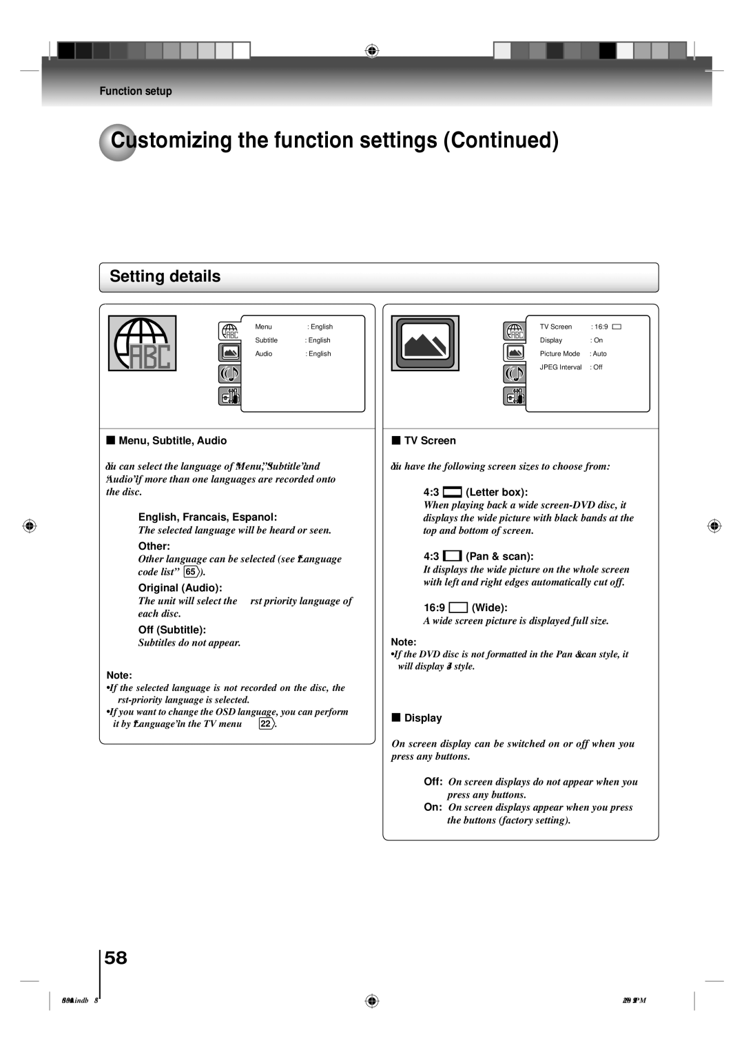 Toshiba 22LV505C Menu, Subtitle, Audio, English, Francais, Espanol, Other, Original Audio, Off Subtitle, Letter box, Wide 