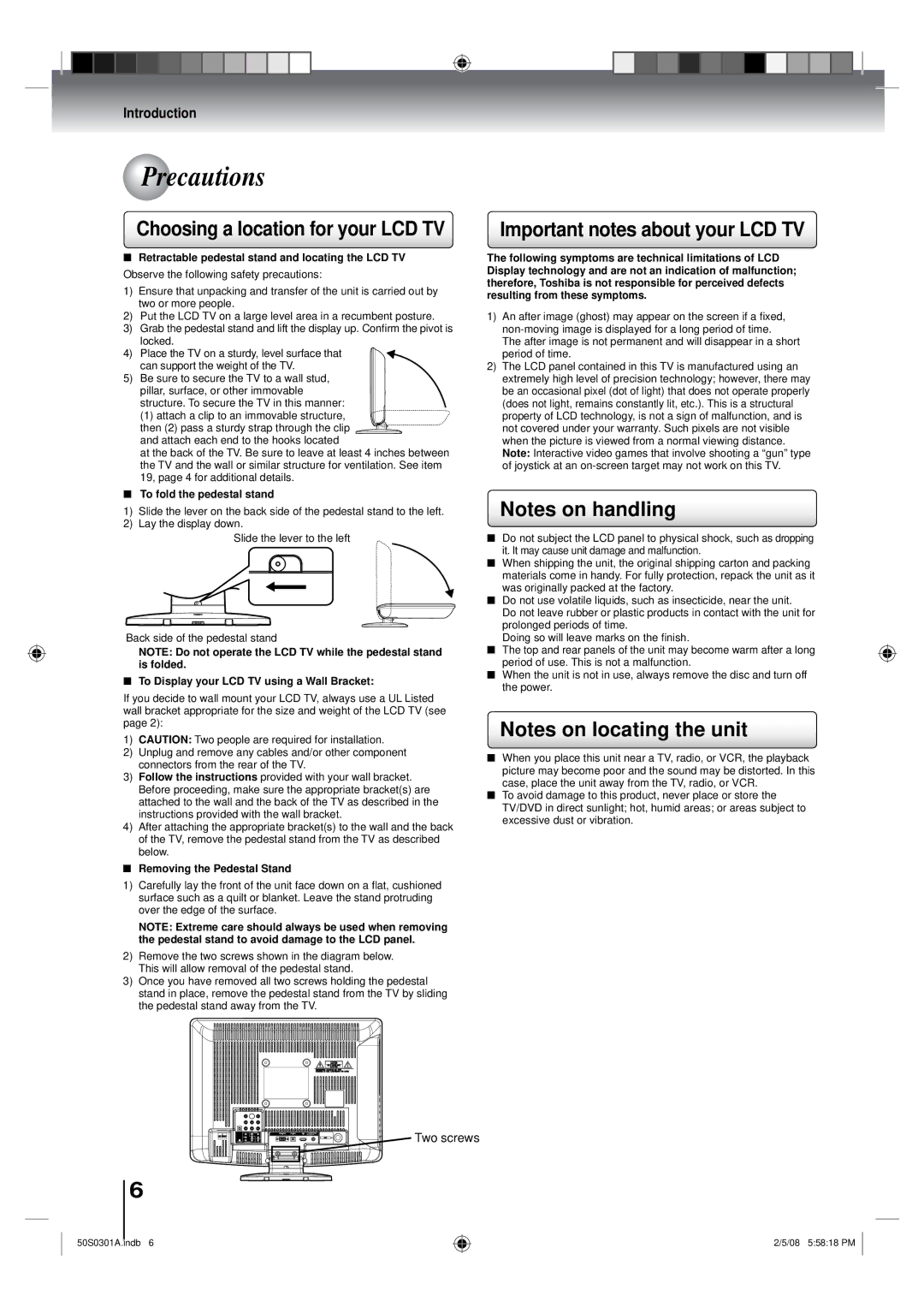 Toshiba 22LV505C, 19LV505C owner manual Precautions, Choosing a location for your LCD TV, Important notes about your LCD TV 