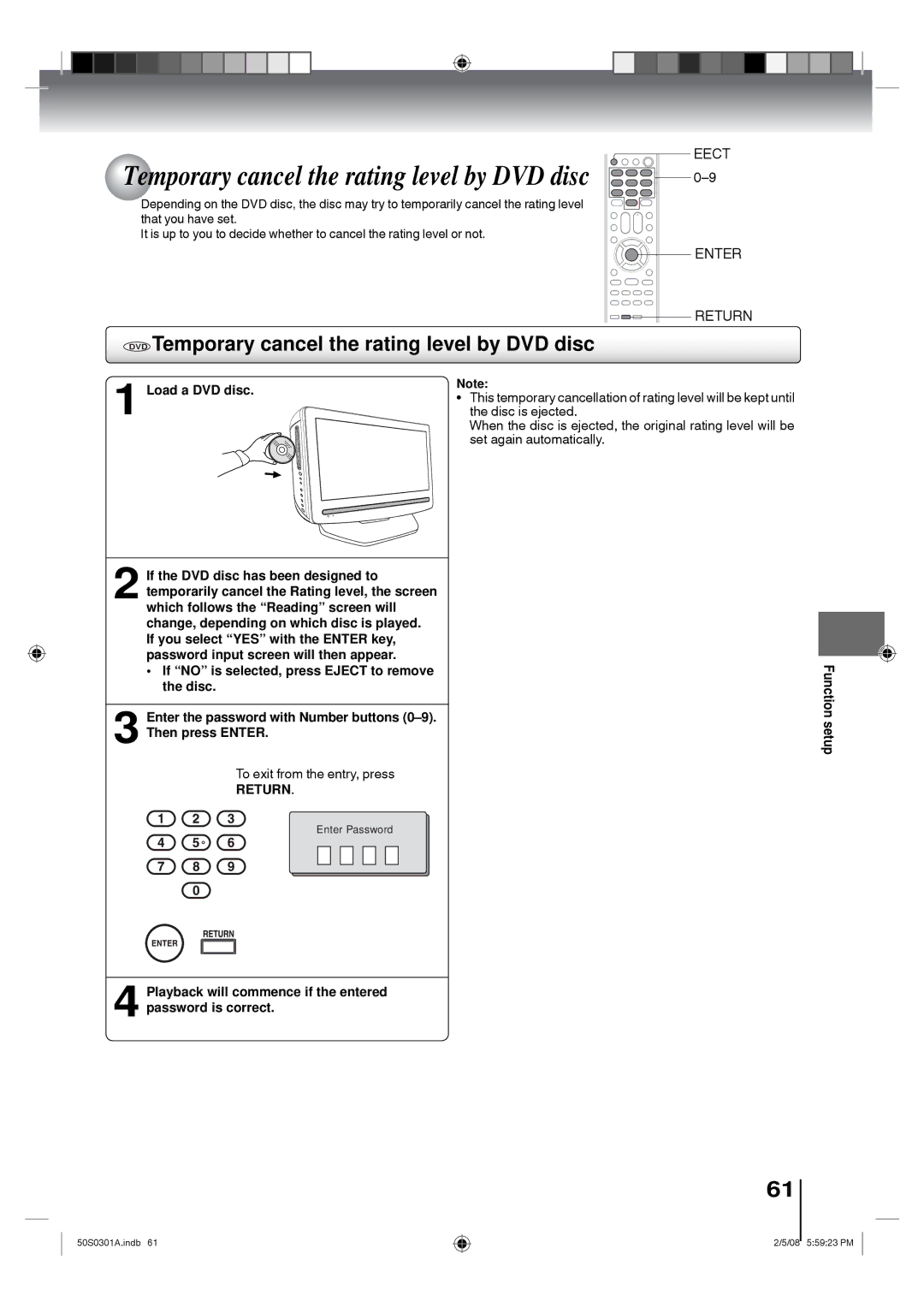 Toshiba 19LV505C, 22LV505C owner manual DVD Temporary cancel the rating level by DVD disc, Load a DVD disc 