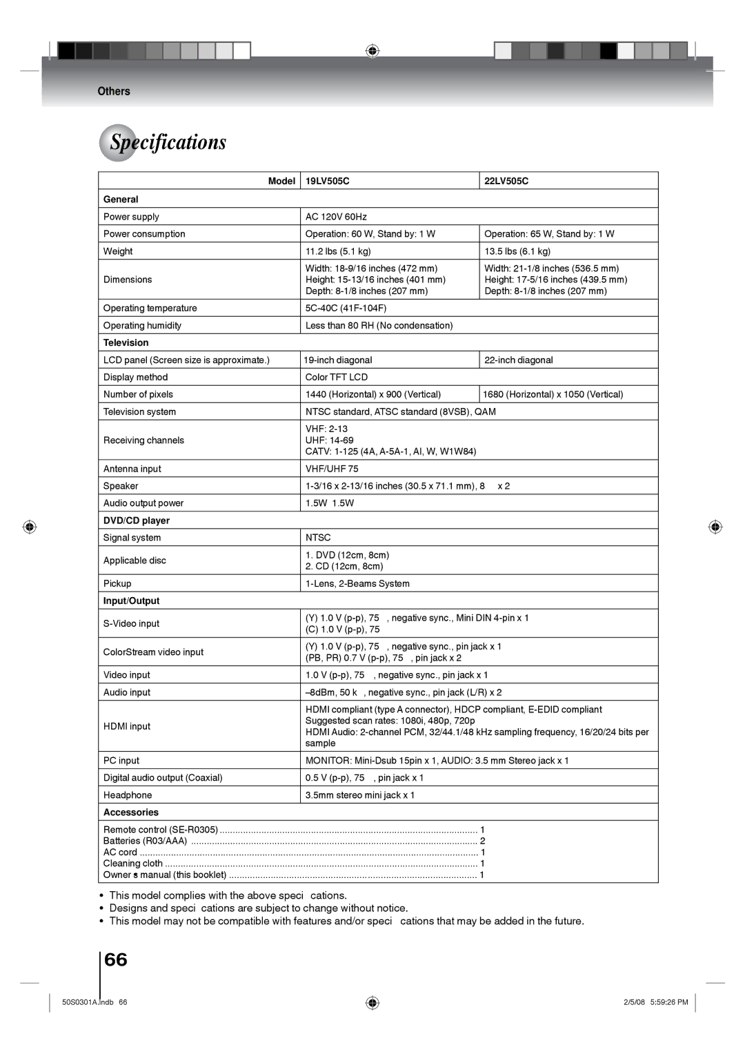 Toshiba owner manual Specifications, Model 19LV505C 22LV505C General 