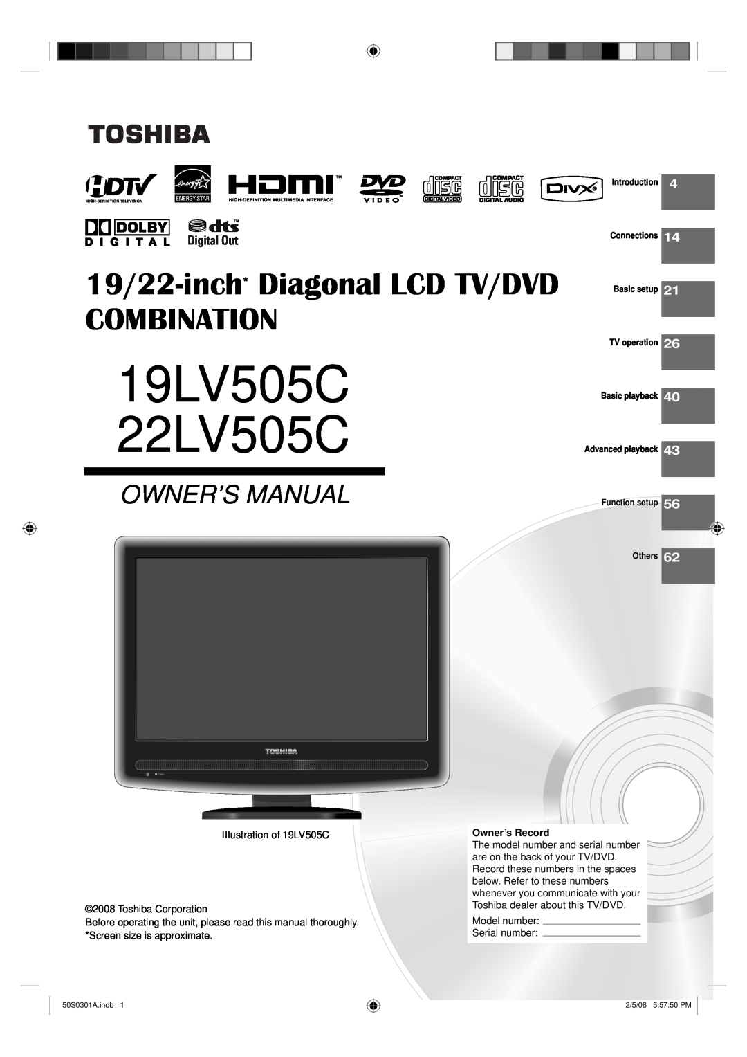 Toshiba owner manual 19LV505C 22LV505C, 19/22-inch* Diagonal LCD TV/DVD COMBINATION, Owner’S Manual, Ownerʼs Record 