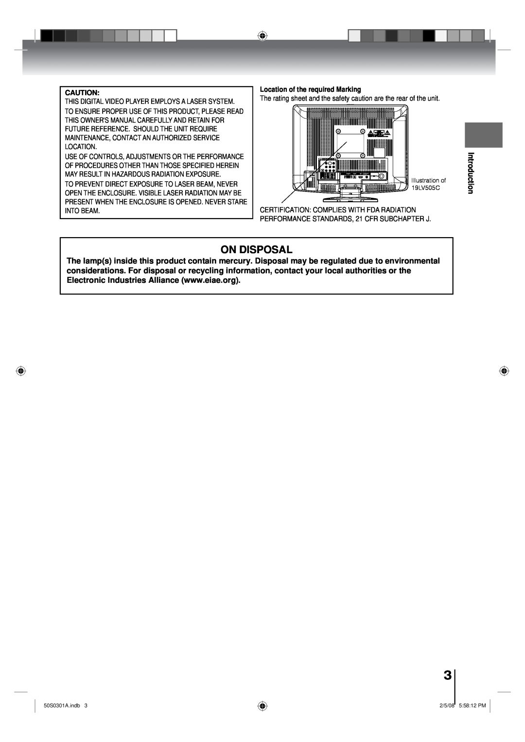Toshiba 19LV505C, 22LV505C owner manual On Disposal, Location of the required Marking, Introduction 