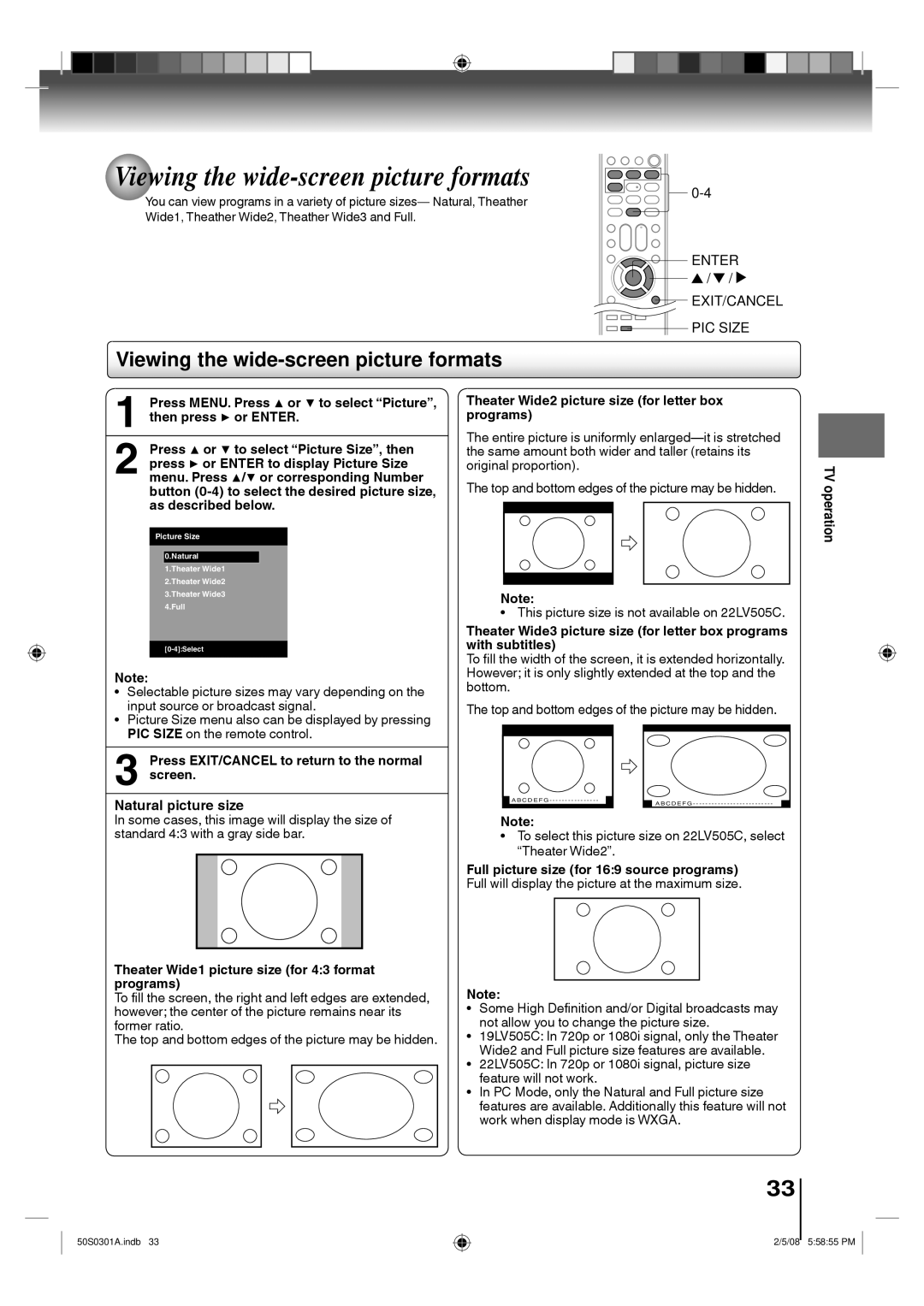 Toshiba 19LV505C, 22LV505C owner manual Viewing the wide-screen picture formats, Natural picture size, TV operation 