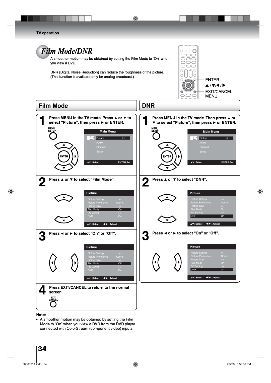 Toshiba 22LV505C Film Mode/DNR, TV operation, select “Picture”, then press or ENTER, Press or to select “Film Mode” 