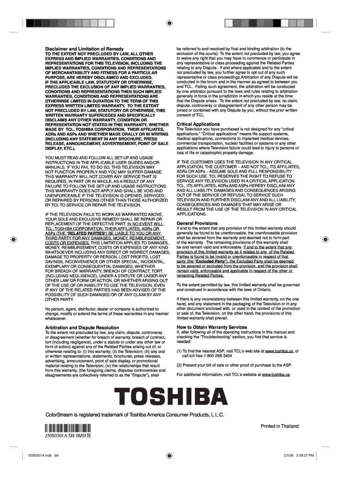 Toshiba 22LV505C Disclaimer and Limitation of Remedy, Critical Applications, General Provisions, J50S0301A SH 08/03 N 