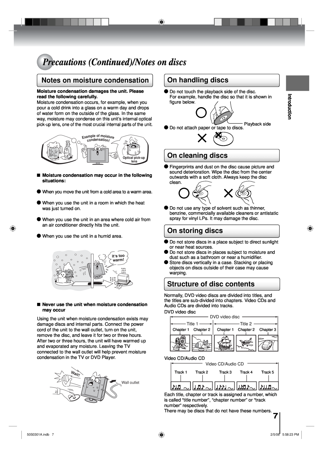 Toshiba 19LV505C Precautions Continued/Notes on discs, Notes on moisture condensation, On handling discs, On storing discs 