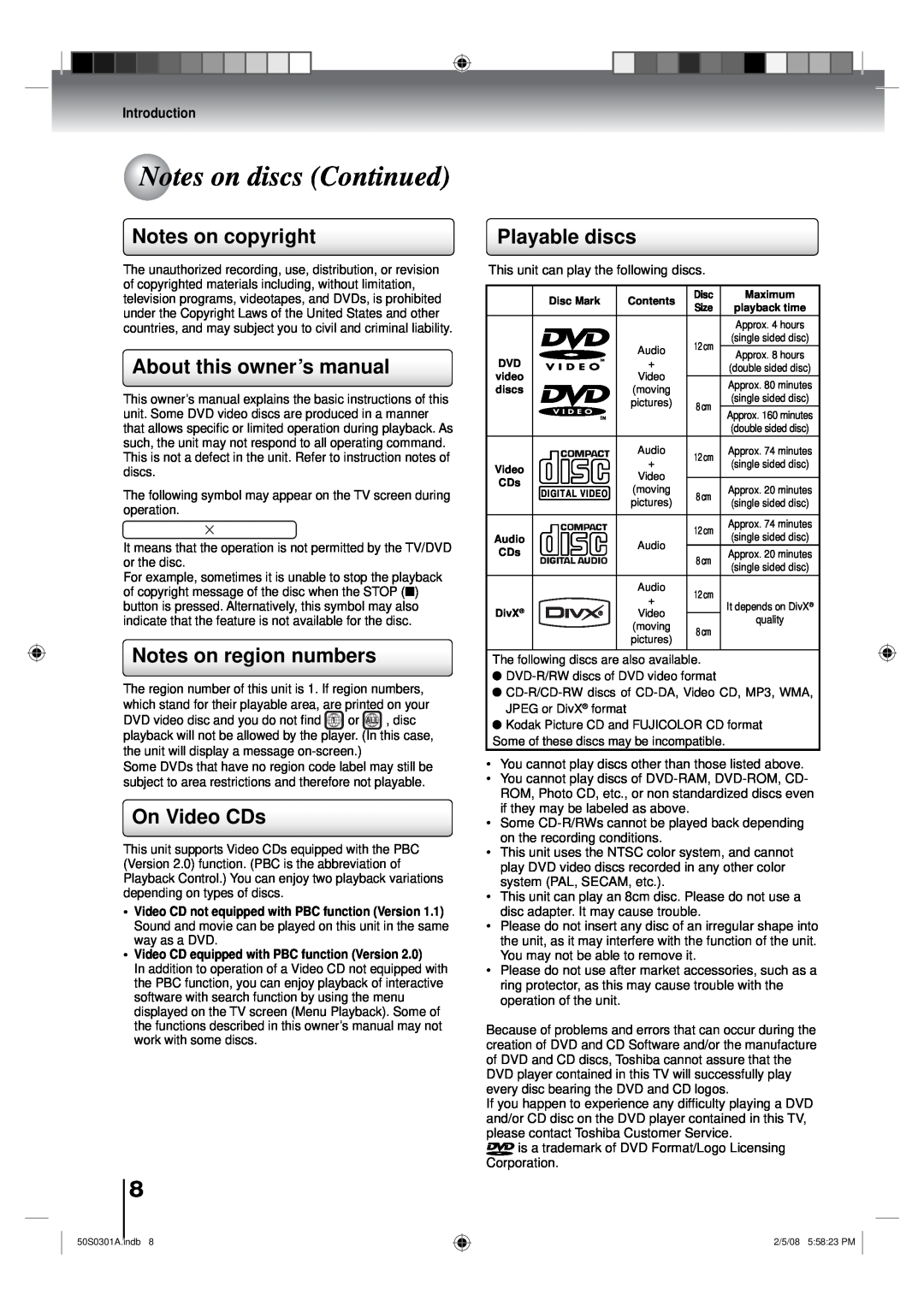 Toshiba 22LV505C Notes on discs Continued, Notes on copyright, About this ownerʼs manual, Notes on region numbers 