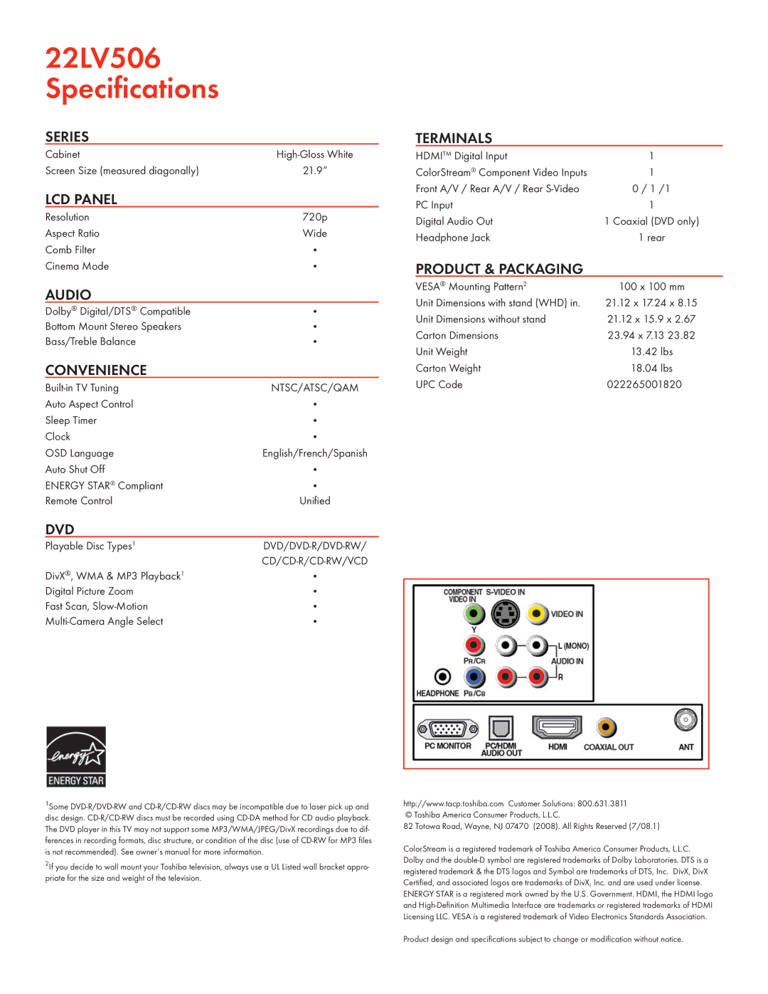 Toshiba 22LV506 manual Series, LCD Panel, Audio, Convenience, Dvd, Terminals, Product & Packaging 