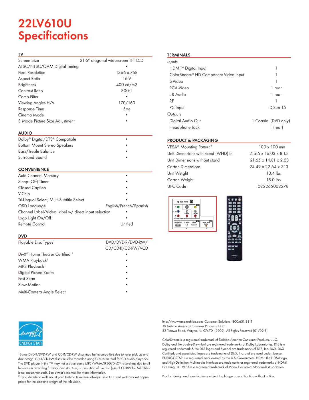 Toshiba 22LV610U manual Audio, Convenience, Dvd, Terminals, Product & Packaging 