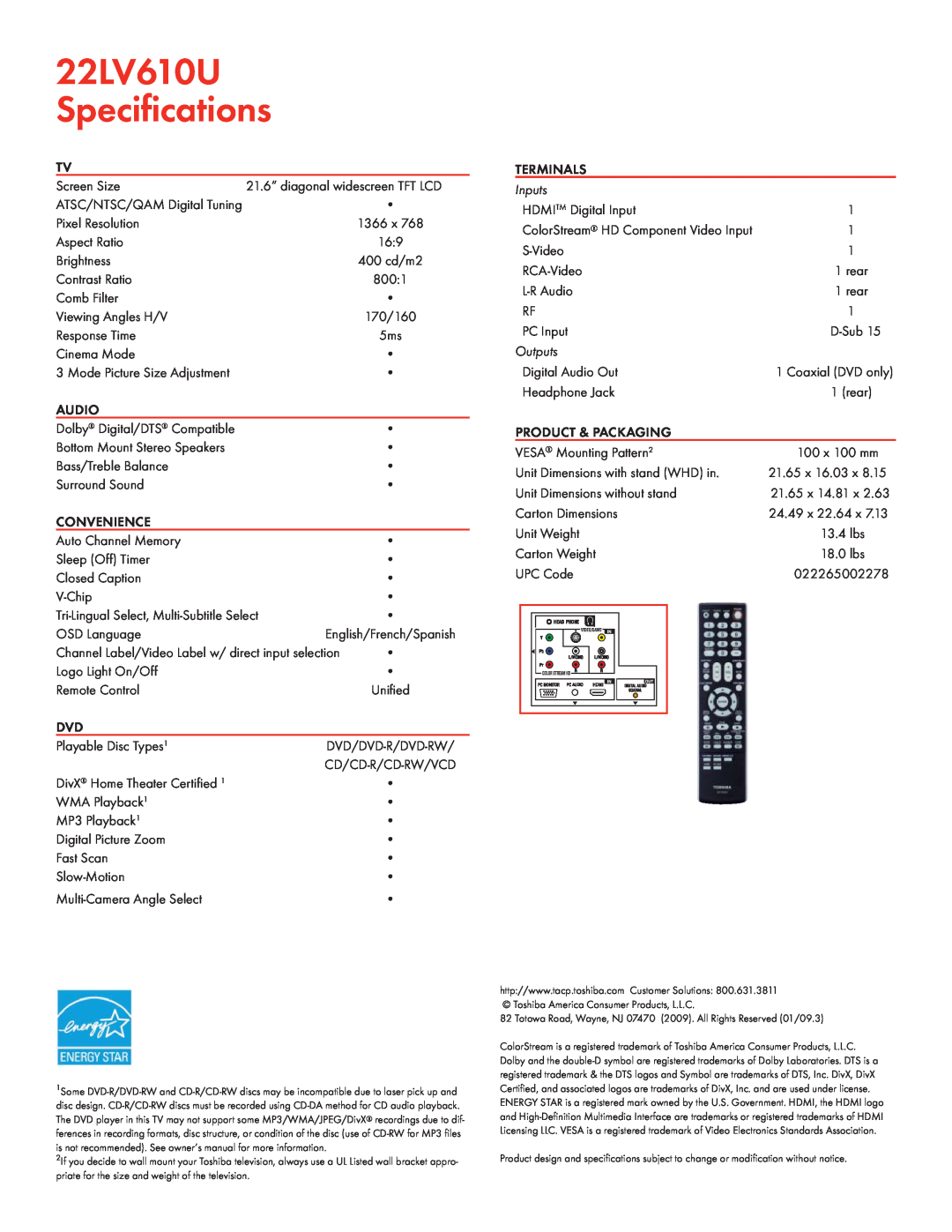 Toshiba manual 22LV610U Speciﬁcations, Audio, Convenience, Terminals, Inputs, Outputs, Product & Packaging 