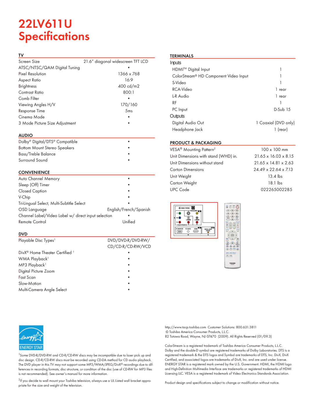 Toshiba 22LV611U manual Audio, Convenience, Dvd, Terminals, Product & Packaging 