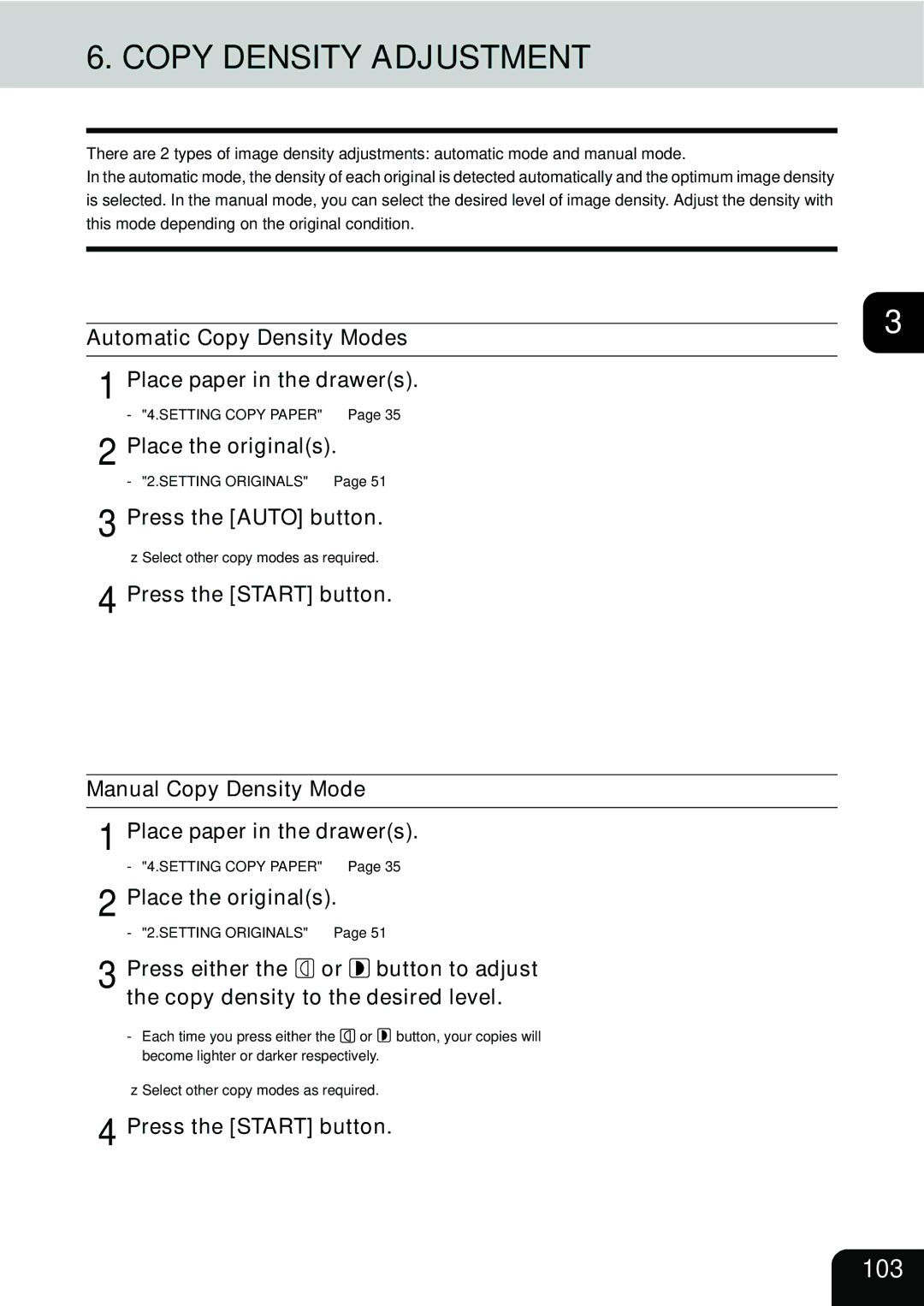 Toshiba 280, 230 manual Copy Density Adjustment, 103, Automatic Copy Density Modes, Press the Auto button 