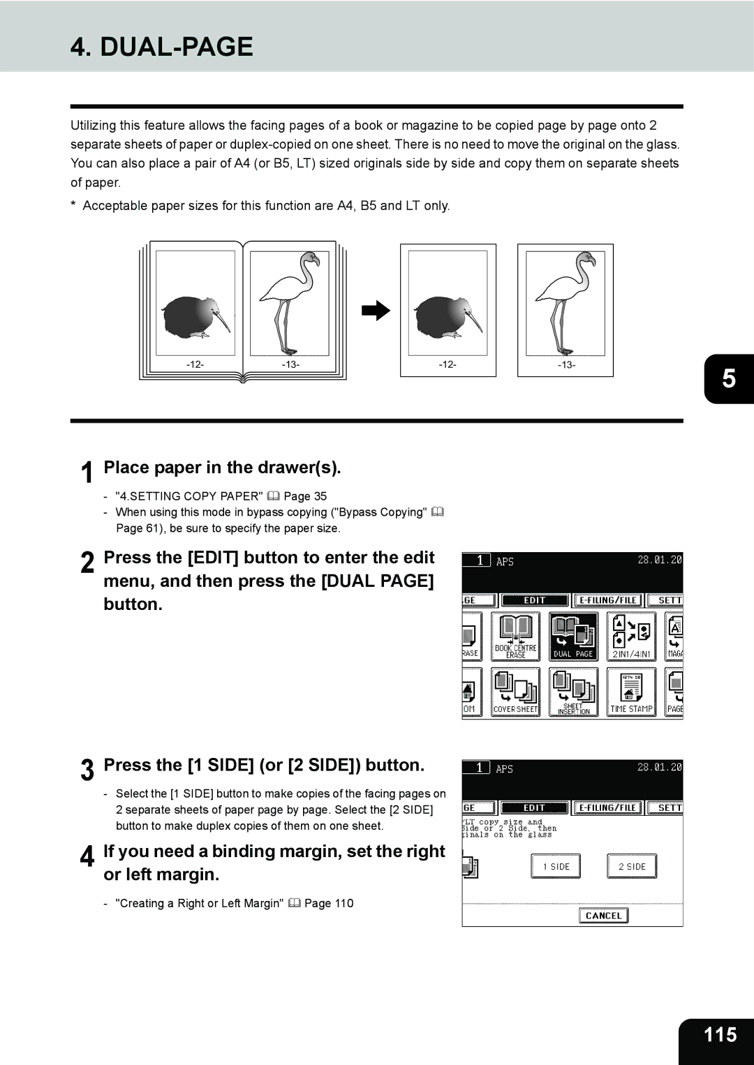 Toshiba 280, 230 manual Dual-Page, 115, If you need a binding margin, set the right or left margin 