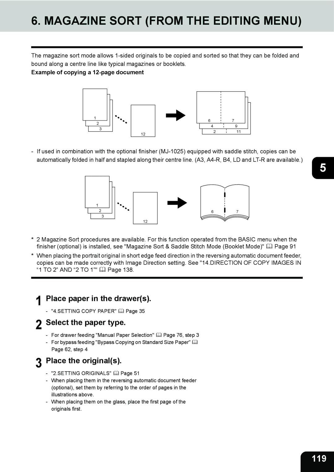 Toshiba 280, 230 Magazine Sort from the Editing Menu, 119, Select the paper type, Example of copying a 12-page document 