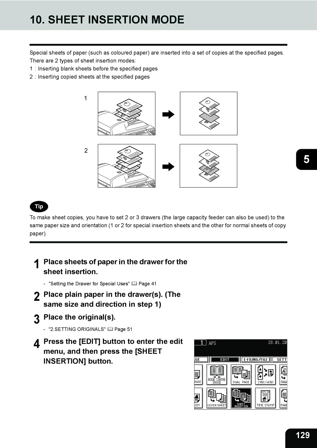 Toshiba 280, 230 manual Sheet Insertion Mode, 129 