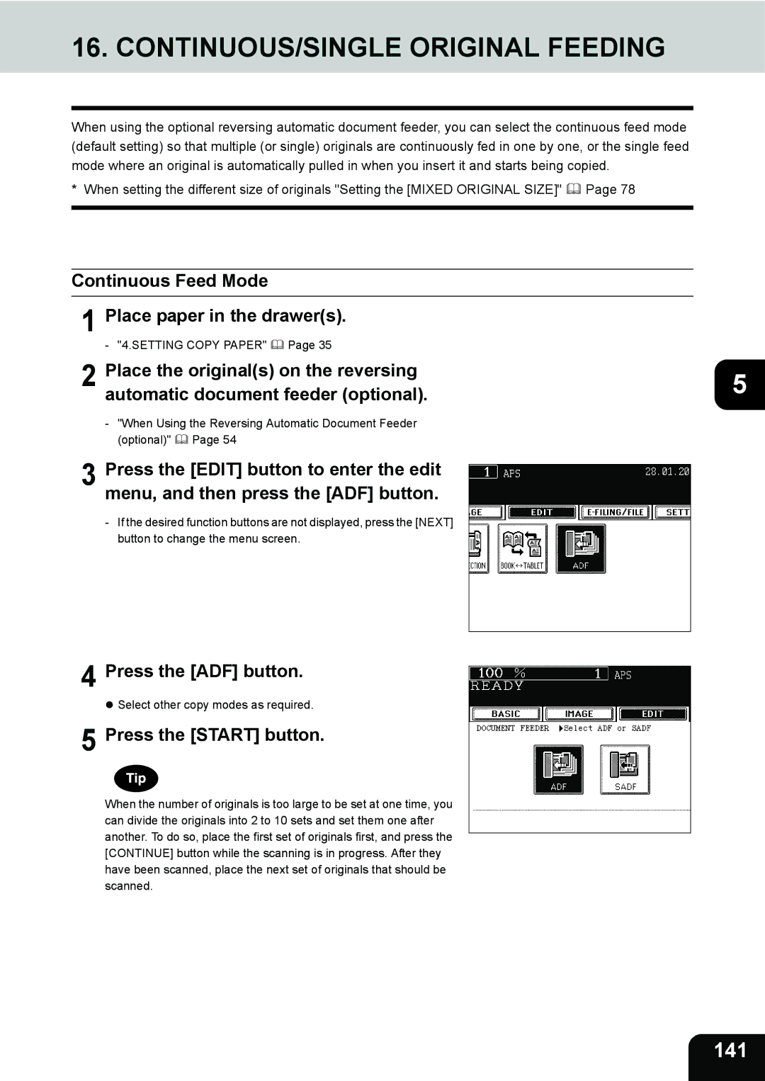 Toshiba 280 CONTINUOUS/SINGLE Original Feeding, 141, Continuous Feed Mode Place paper in the drawers, Press the ADF button 