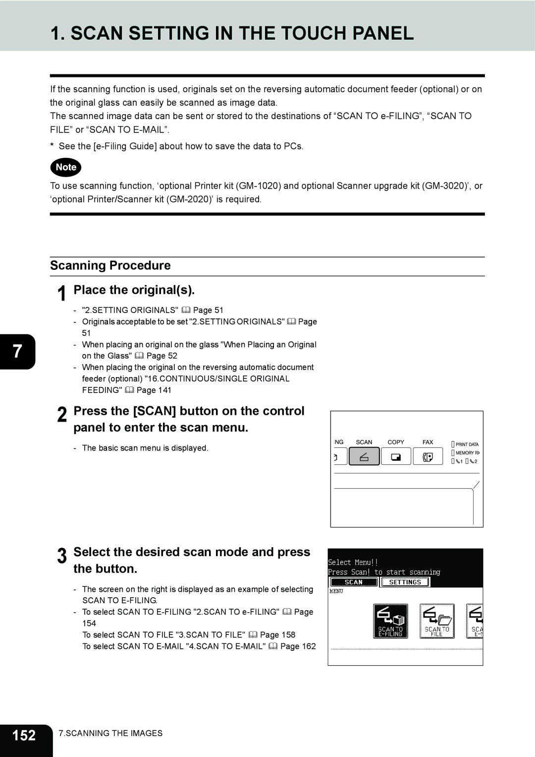 Toshiba 230, 280 manual Scan Setting in the Touch Panel, 152, Scanning Procedure Place the originals 