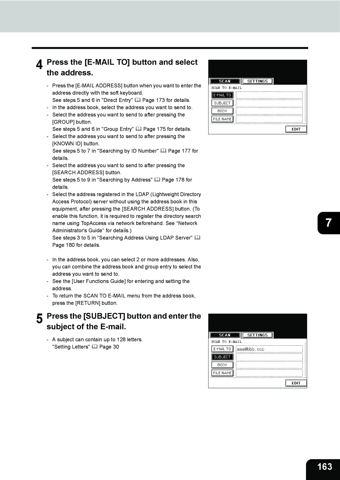 Toshiba 280, 230 manual 163, Press the E-MAIL to button and select the address 