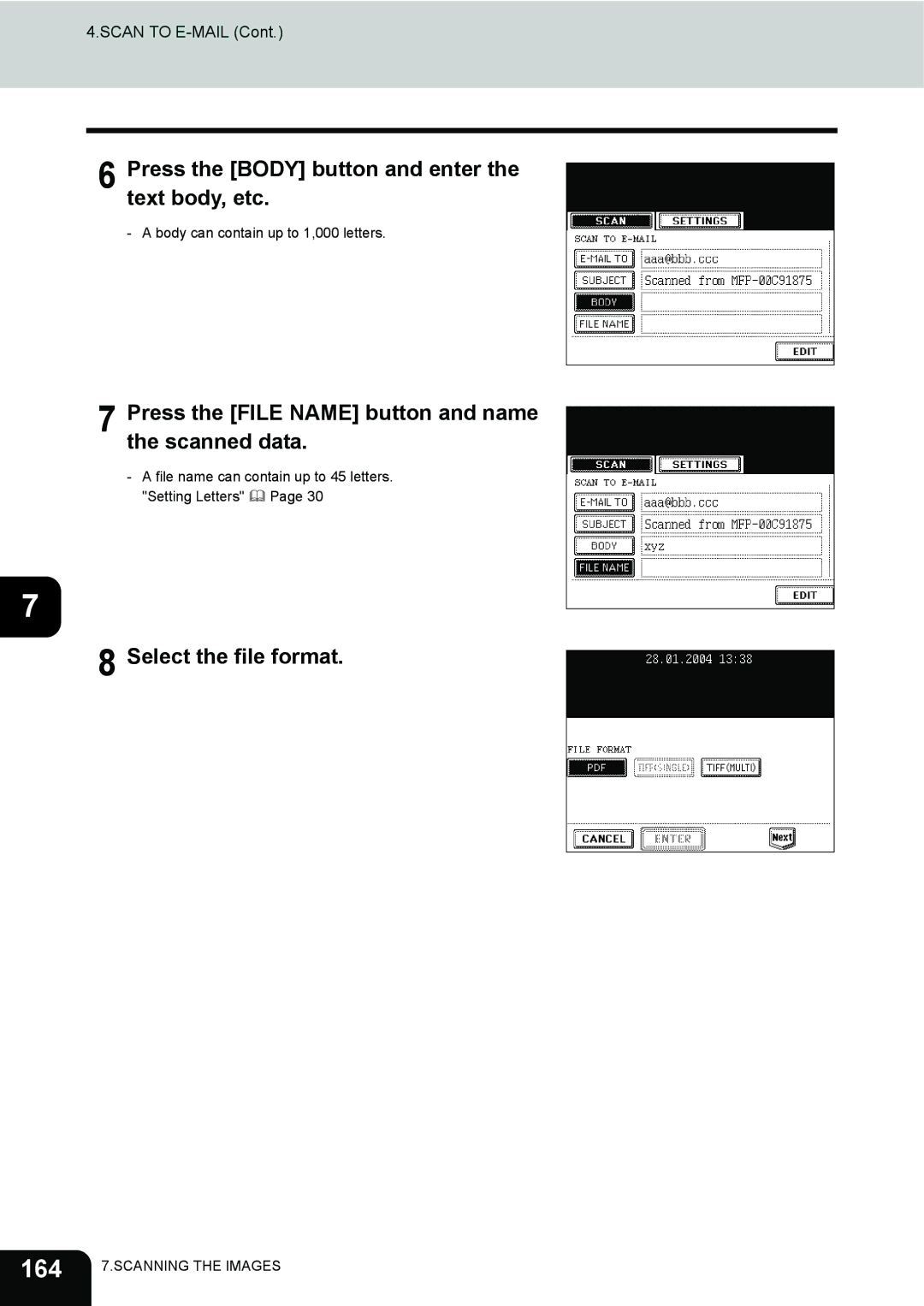 Toshiba 230 164, Press the Body button and enter the text body, etc, Press the File Name button and name the scanned data 