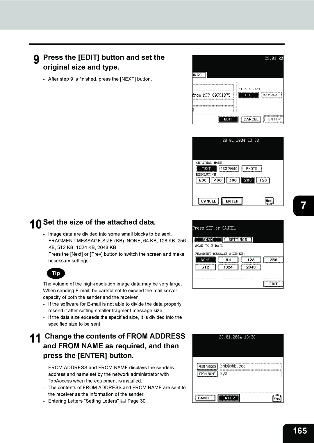 Toshiba 280, 230 manual 165, Press the Edit button and set the original size and type, 10Set the size of the attached data 