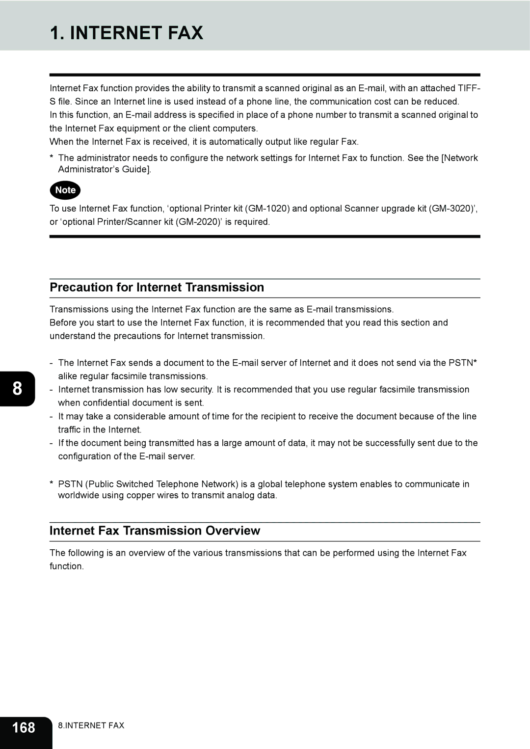 Toshiba 230, 280 manual Internet FAX, 168, Precaution for Internet Transmission, Internet Fax Transmission Overview 