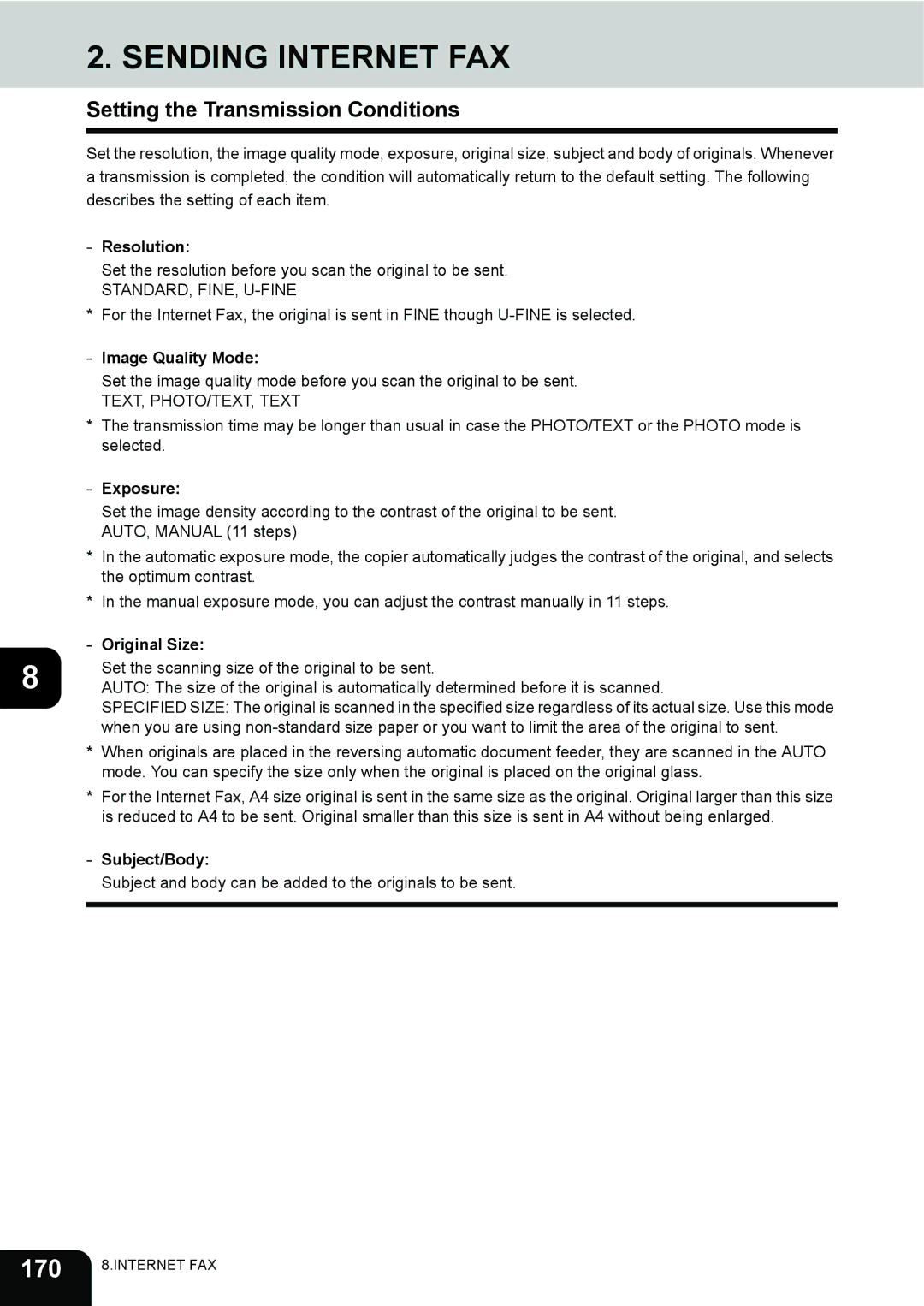 Toshiba 230, 280 manual Sending Internet FAX, 170, Setting the Transmission Conditions 