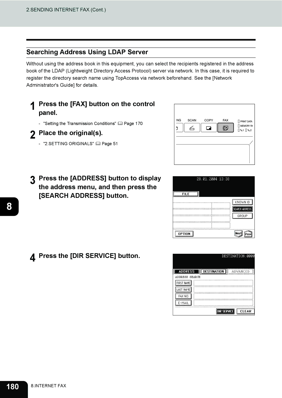 Toshiba 230, 280 manual 180, Searching Address Using Ldap Server, Presspanel. the FAX button on the control 