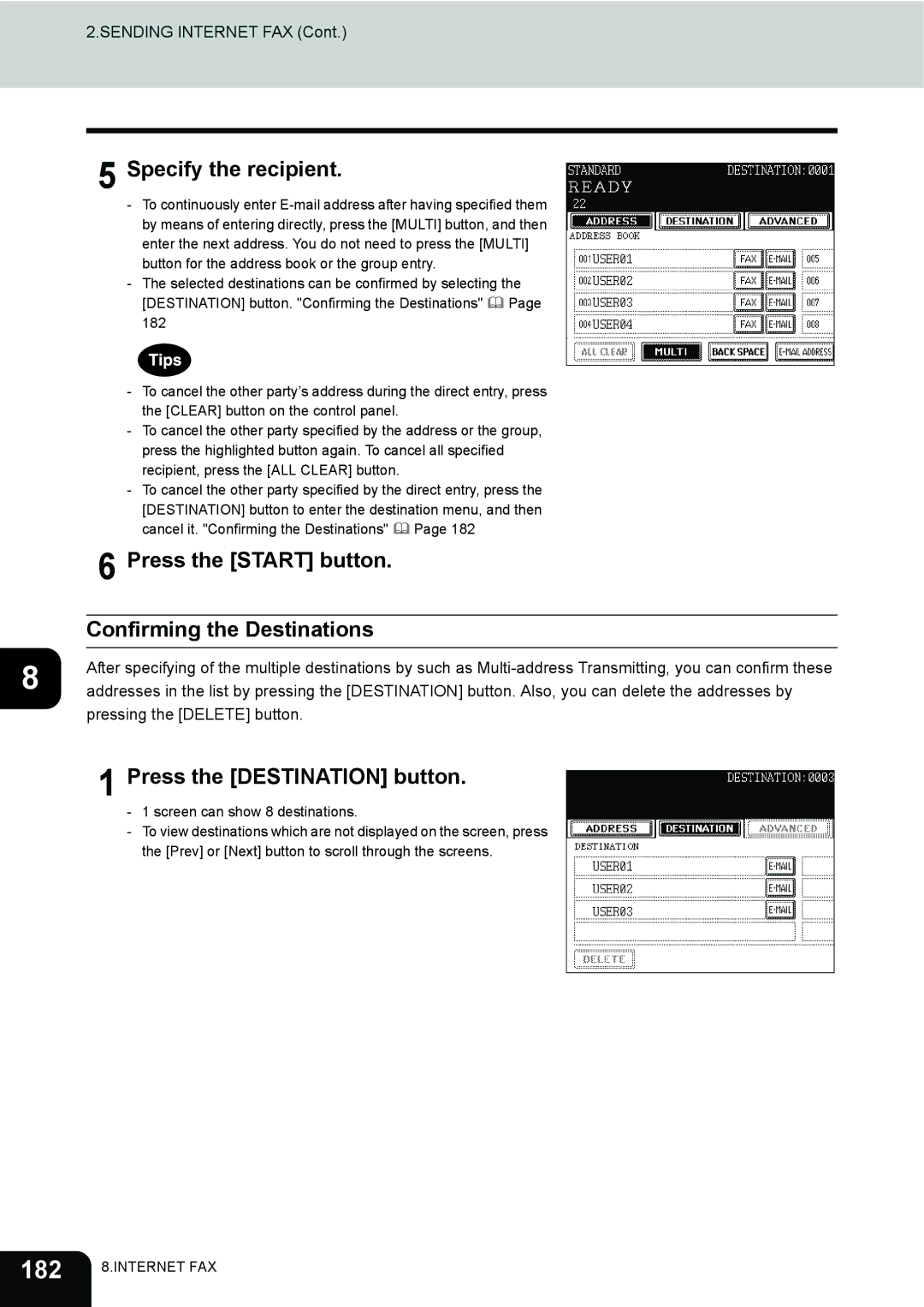 Toshiba 230, 280 manual 182, Specify the recipient, Confirming the Destinations, Press the Destination button 