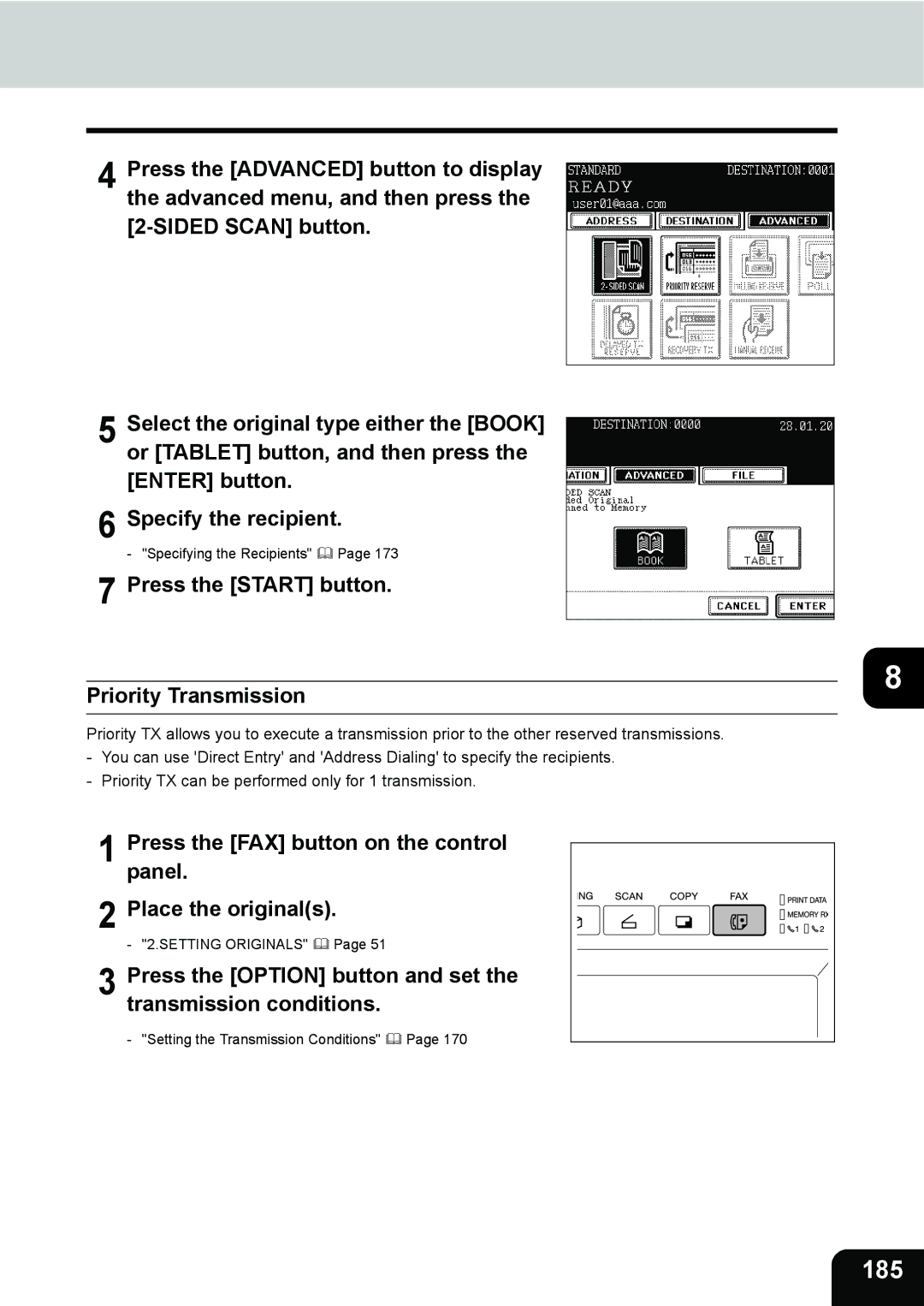 Toshiba 280, 230 manual 185, Press the Start button Priority Transmission 